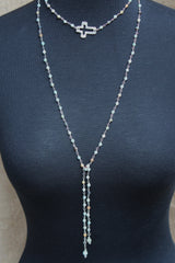 N103P; Wrap Necklace; Pewter Open Cross; 3mm Amazonite Silvertone Chain; Approximately 53 inches; ; ; Majestees