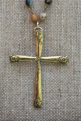 N115G; Large Goldtone Cross; 5mm Amazonite Goldtone Chain; Approximately 32 inches; ; ; ; Majestees