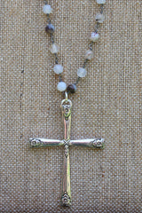N116P; Large Pewter Cross; 5mm Black Agate Silvertone Chain; Approximately 32 inches; ; ; ; Majestees