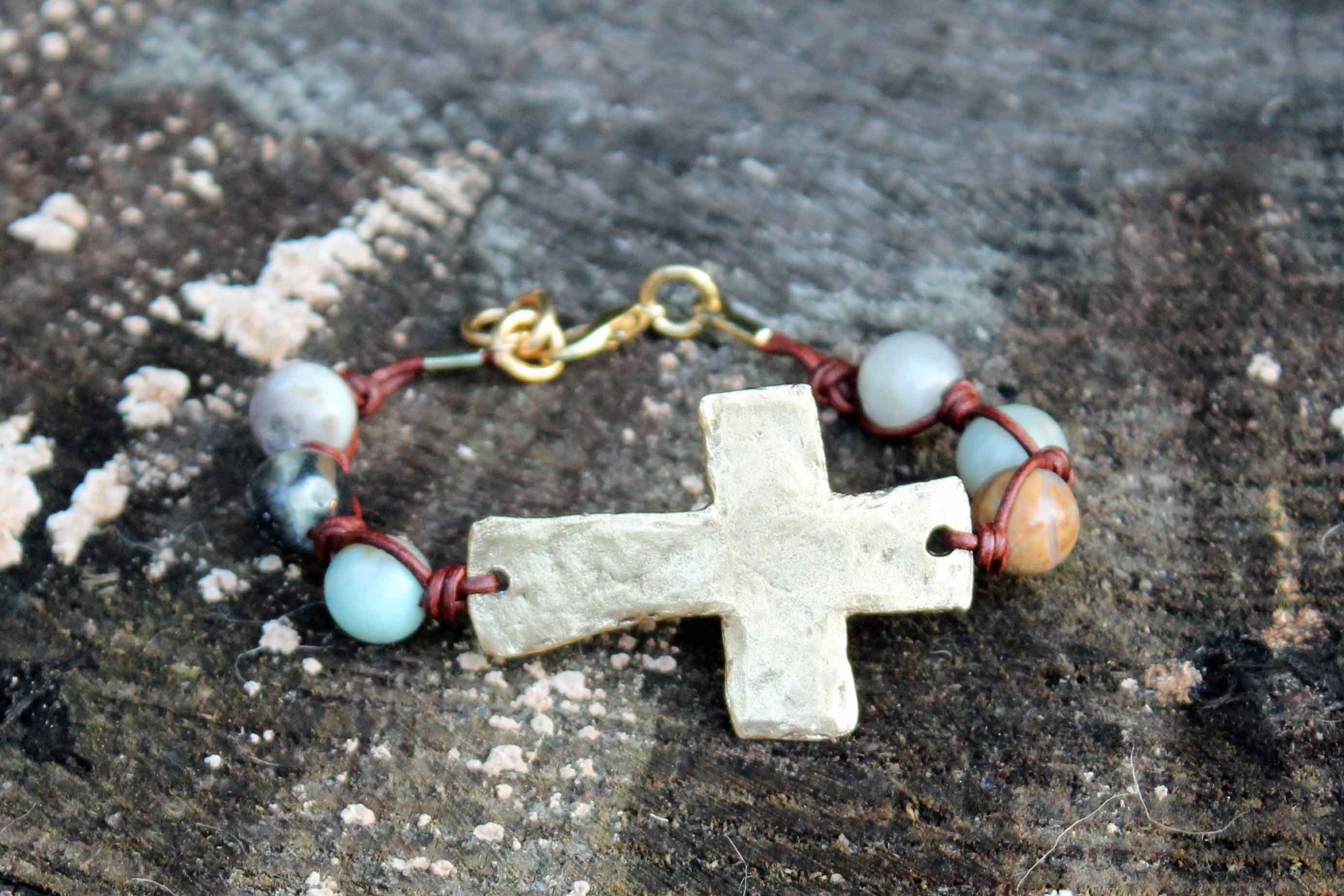B032G; Bracelets; Large Goldtone Cross ; Knotted Brown Leather; Amazonite Beads; Approximately 7.5 inches; ; ; Majestees;