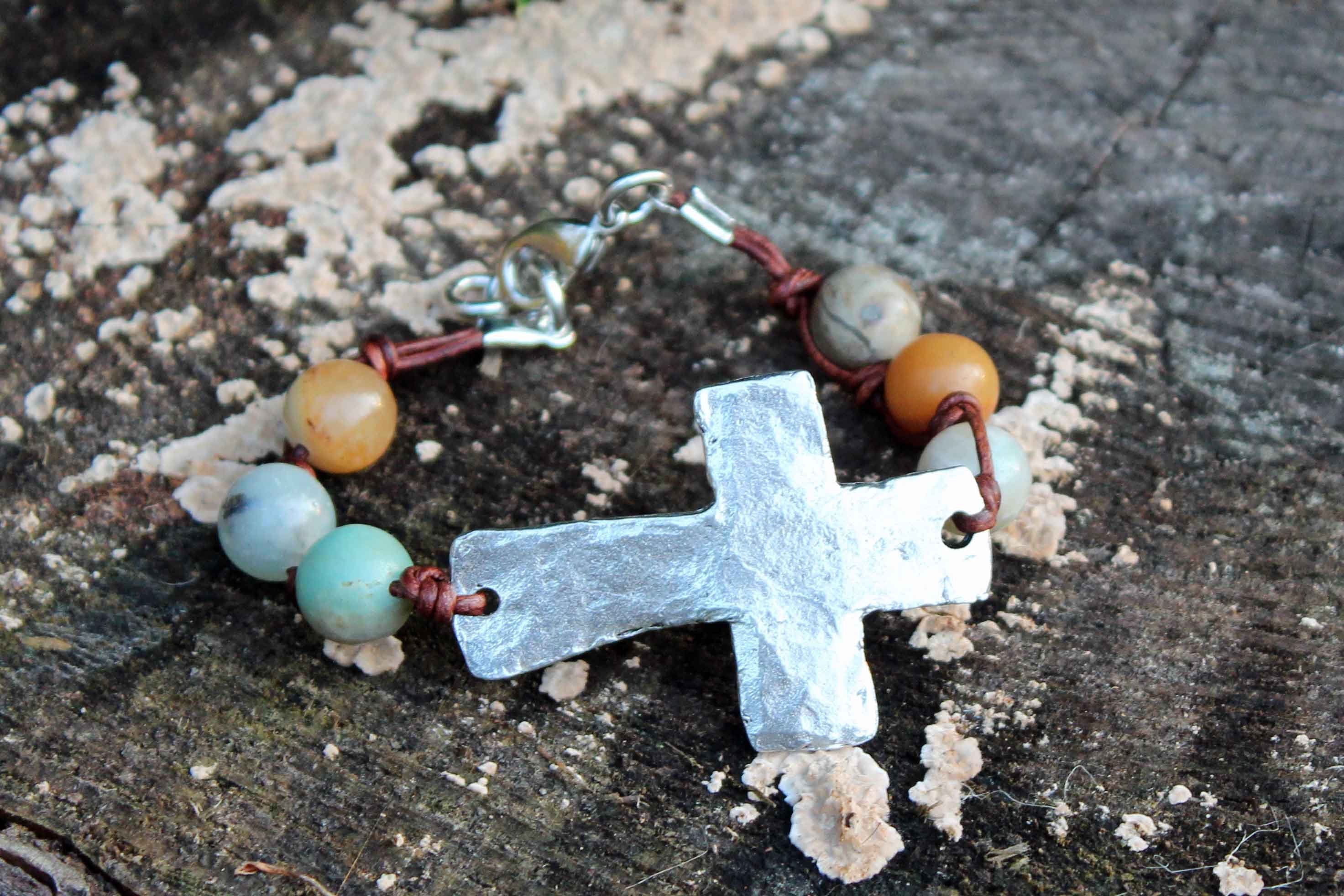 B032P; Bracelets; Large Pewter Cross; Knotted Brown Leather; Amazonite Beads; Approximately 7.5 inches; ; ; Majestees;