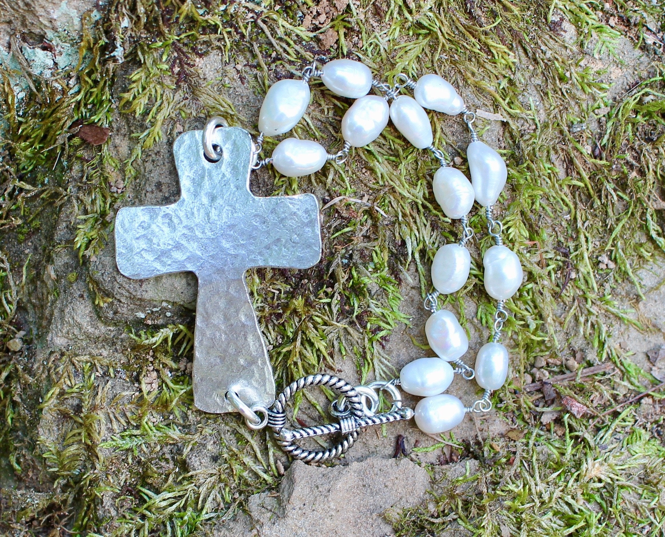 B034P; Bracelets; Pewter Cross; Double Freshwater Pearl Chain; Approximately 8 inches; ; ; ; Majestees;