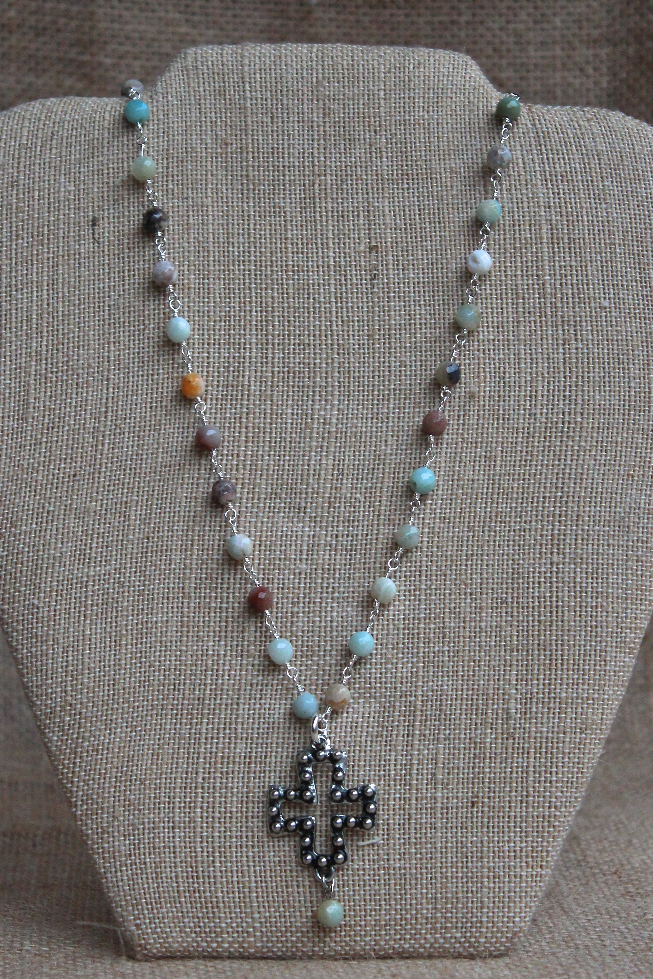 N098P; Pewter Studded Cross; 5mm Amazonite Silvertone Chain; Drop Bead; Approximately 16 inches; ; ; Majestees
