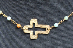 N103G; Wrap Necklace; Goldtone Open Cross; 3mm Amazonite Goldtone Chain; Approximately 53 inches; ; ; Majestees