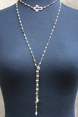 N103G; Wrap Necklace; Goldtone Open Cross; 3mm Amazonite Goldtone Chain; Approximately 53 inches; ; ; Majestees