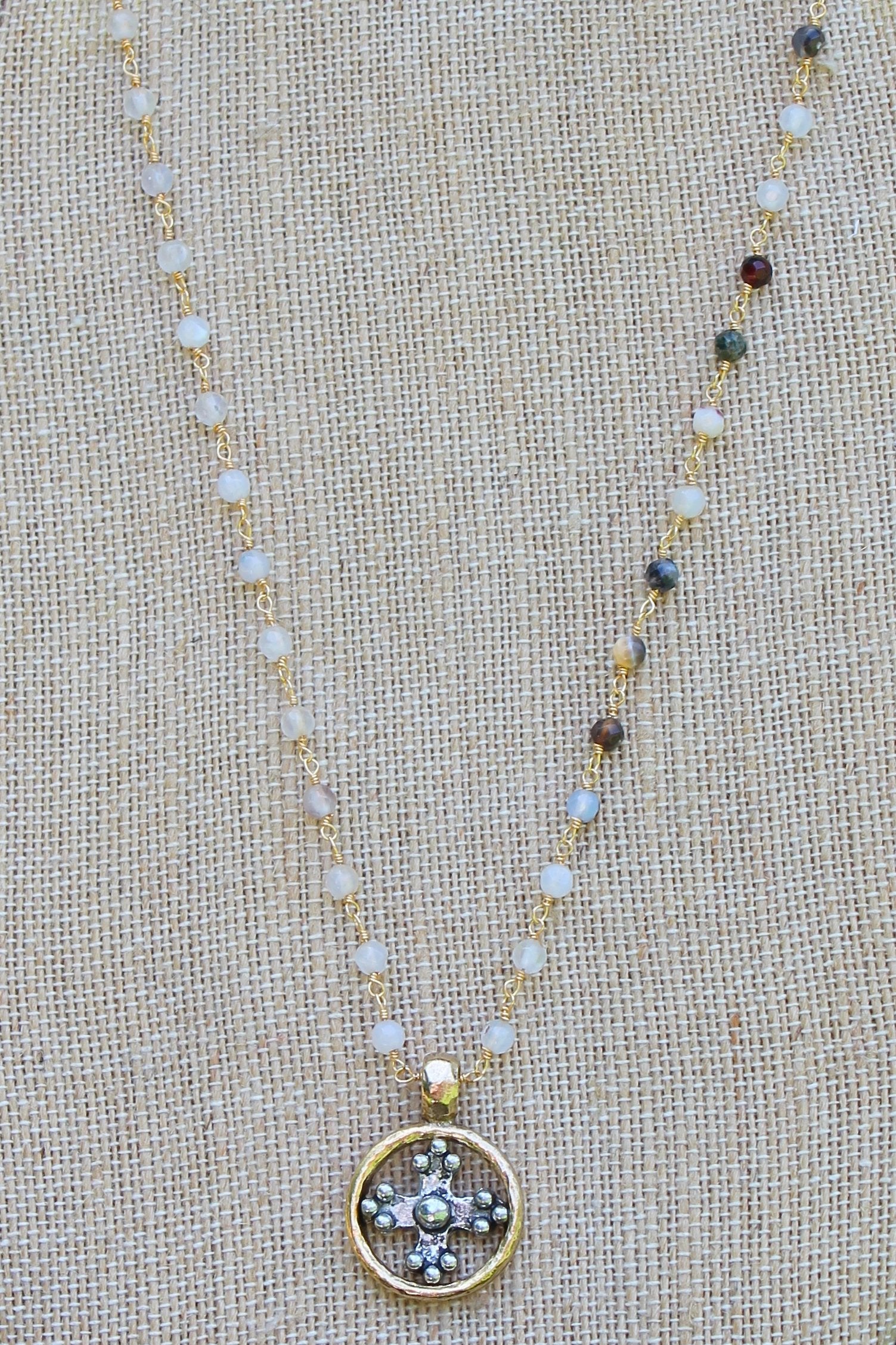 N109GD; Pewter Cross Encircled in Goldtone; 3mm Black Agate Goldtone Chain; Approximately 17 inches; ; ; ; Majestees