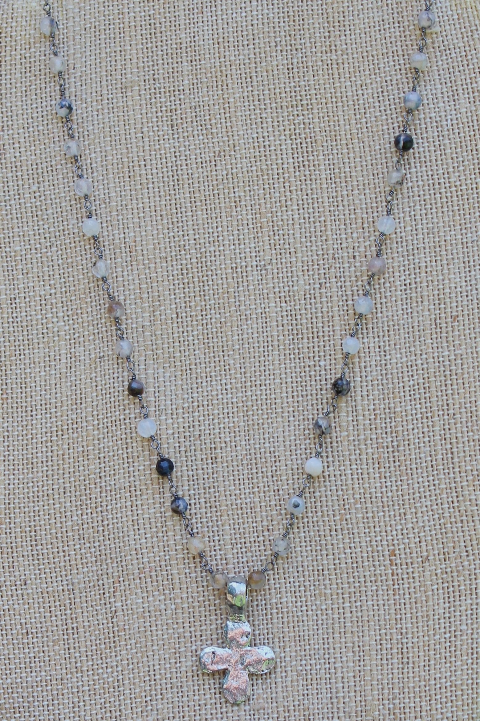 N109PA; Small Pewter Rounded Cross; 3mm Black Agate Silvertone Chain; Approximately 17 inches; ; ; ; Majestees