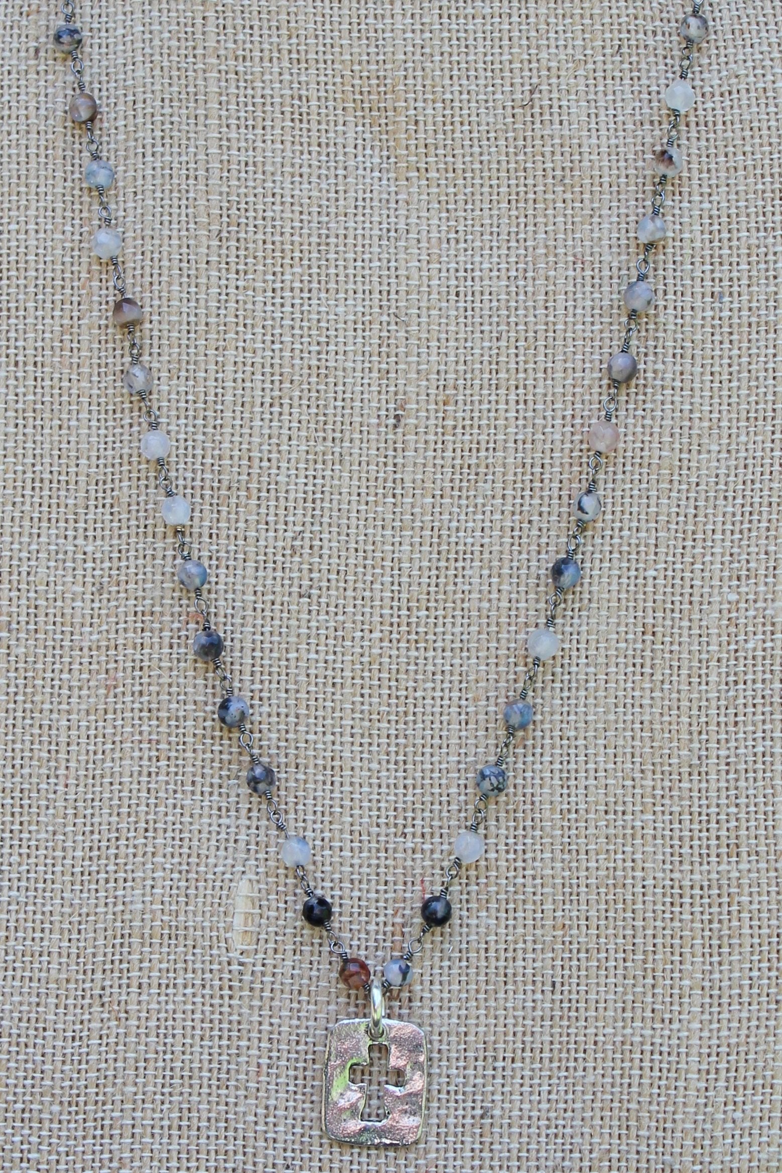 N109PB; Small Pewter Open Cross; 3mm Black Agate Silvertone Chain; Approximately 17 inches; ; ; ; Majestees