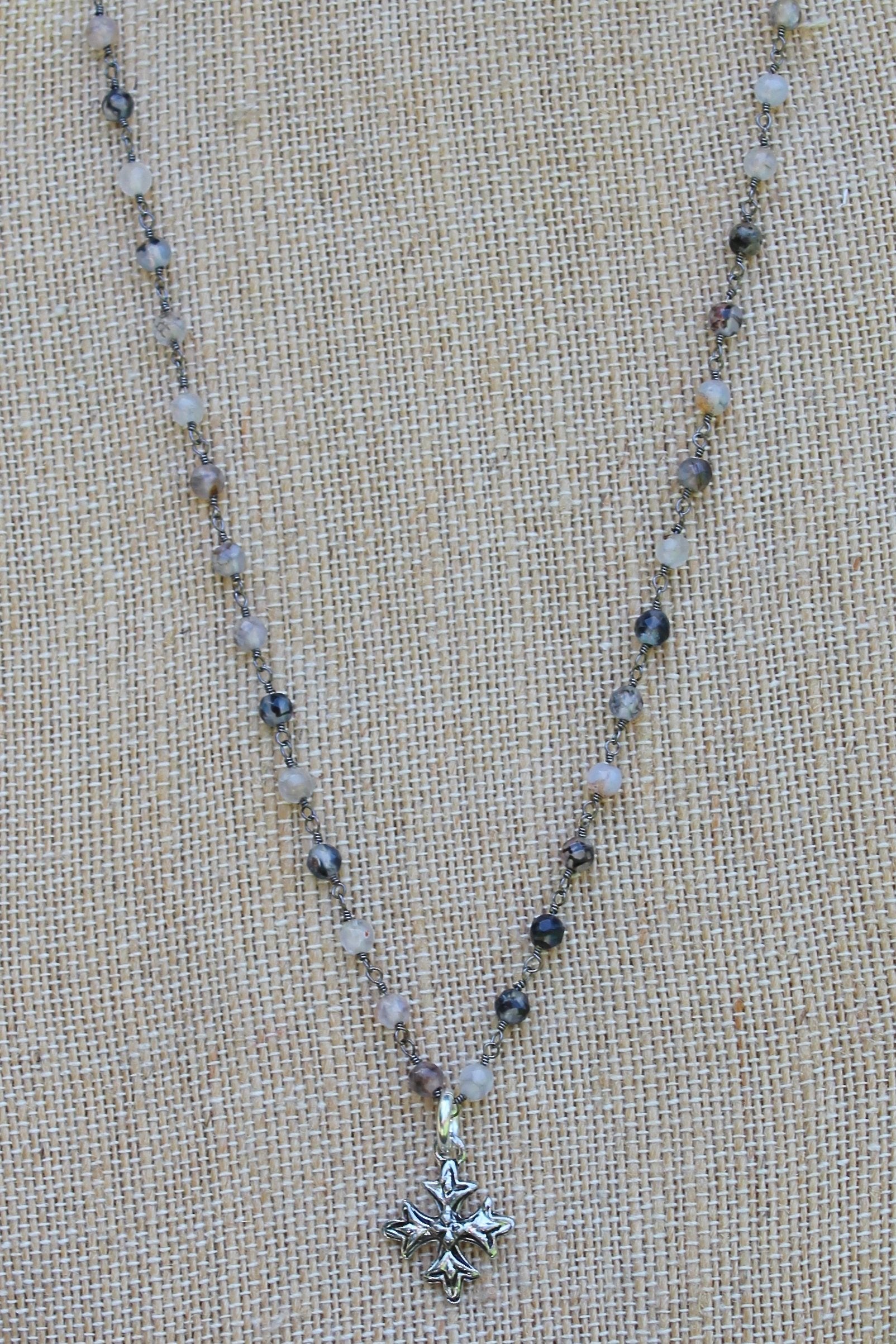 N109PC; Small Pewter Fancy Cross; 3mm Black Agate Silvertone Chain; Approximately 17 inches; ; ; ; Majestees