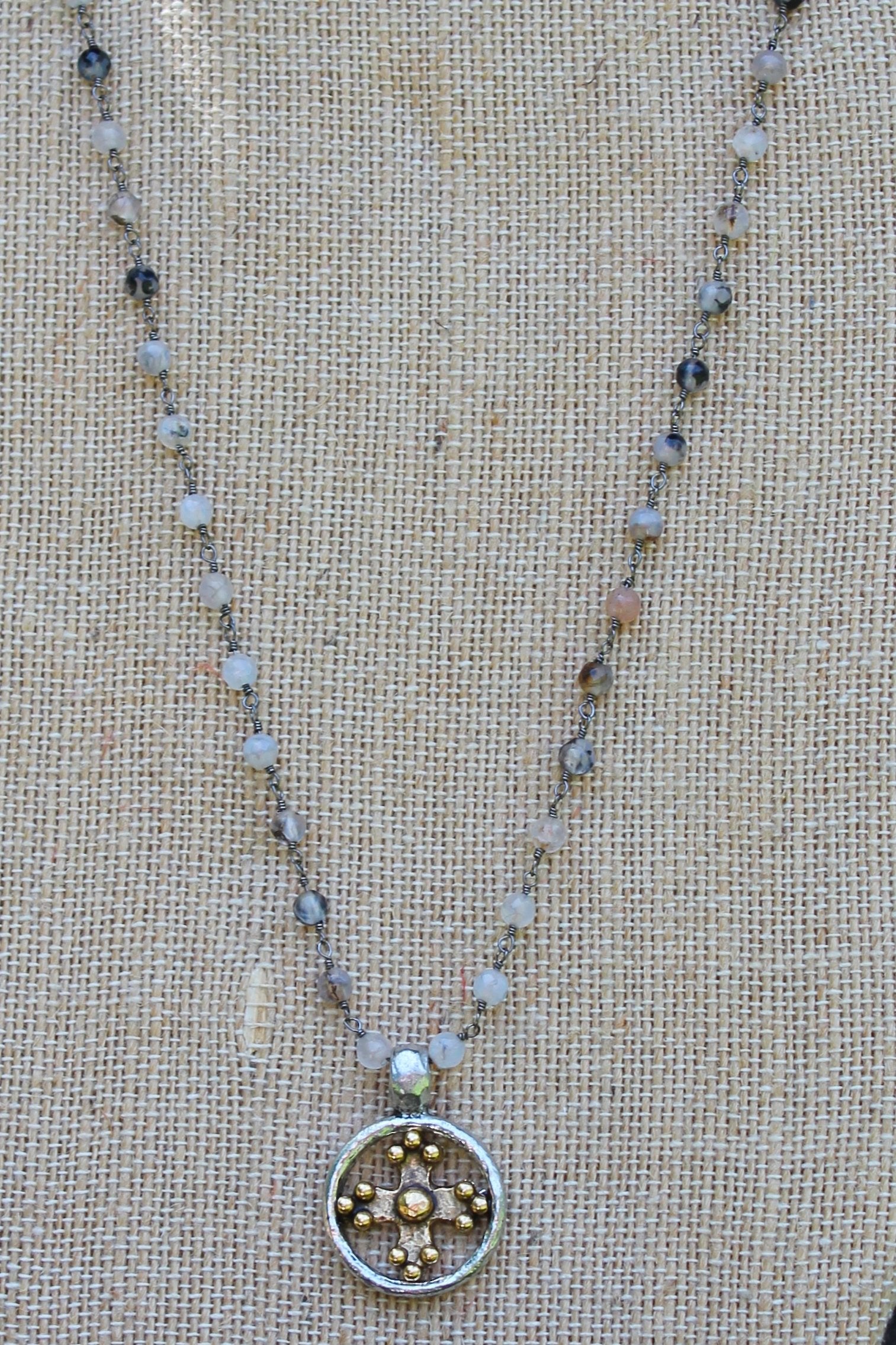 N109PD; Goldtone Cross Encircled in Pewter; 3mm Black Agate Silvertone Chain; Approximately 17 inches; ; ; ; Majestees