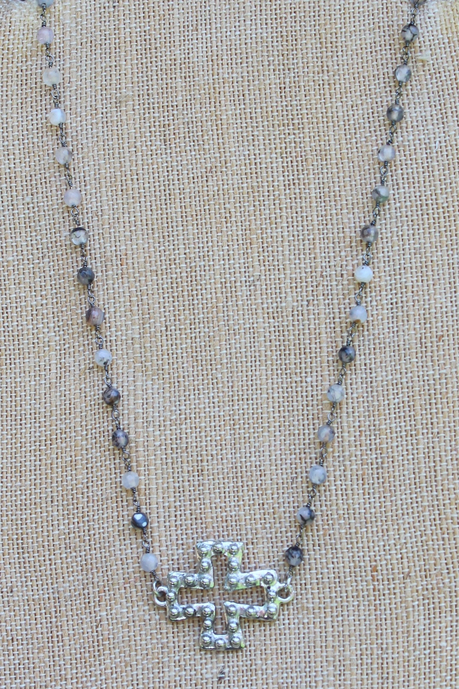 N111P; Pewter Studded Cross; 3mm Black Agate Silvertone Chain; Approximately 16 inches; ; ; ; Majestees