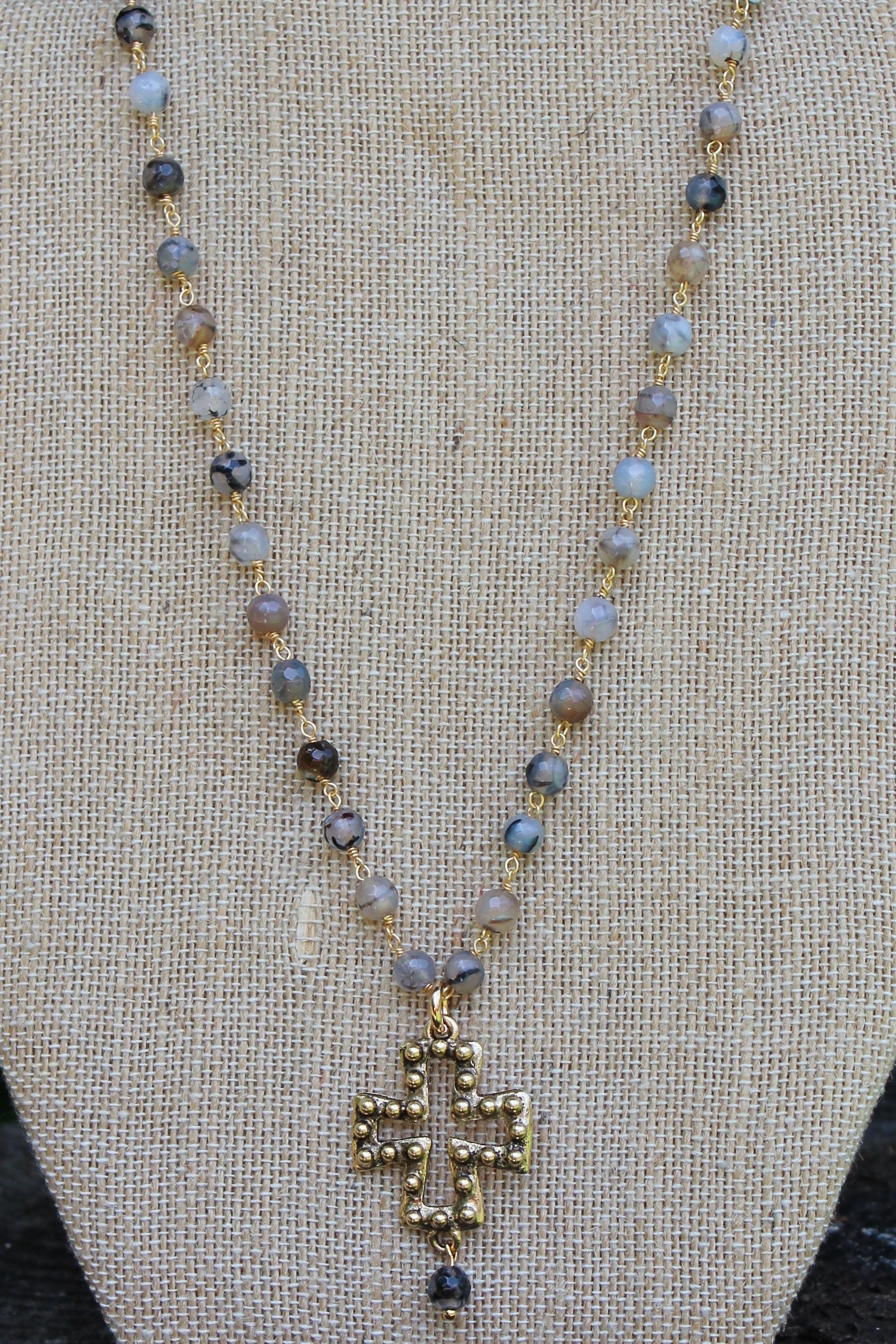 N114G; Goldtone Studded Cross; 5mm Black Agate Goldtone Chain; Drop Bead; Approximately 16 inches; ; ; Majestees