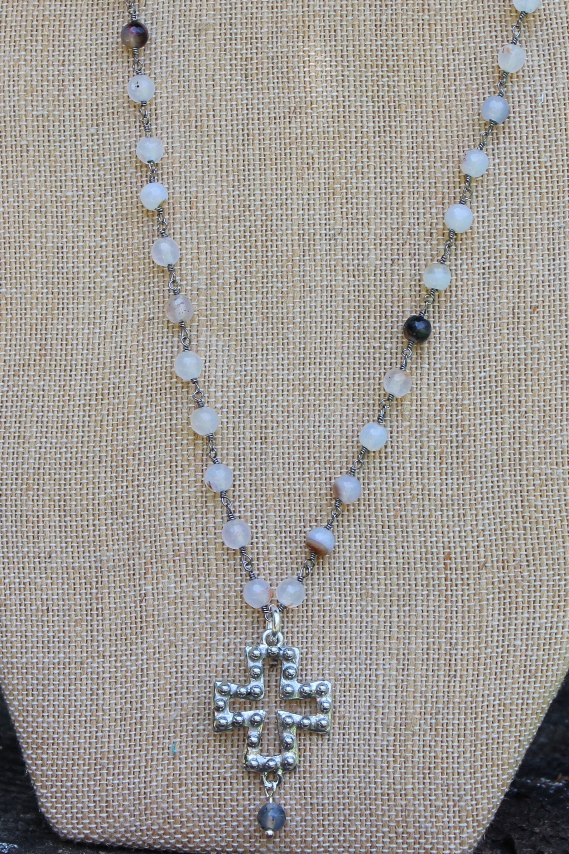 N114P; Pewter Studded Cross; 5mm Black Agate Silvertone Chain; Drop Bead; Approximately 16 inches; ; ; Majestees
