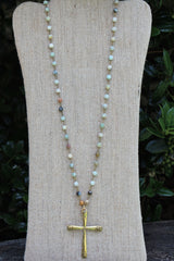 N115G; Large Goldtone Cross; 5mm Amazonite Goldtone Chain; Approximately 32 inches; ; ; ; Majestees