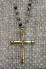N116G; Large Goldtone Cross; 5mm Black Agate Goldtone Chain; Approximately 32 inches; ; ; ; Majestees