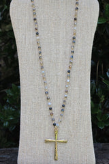 N116G; Large Goldtone Cross; 5mm Black Agate Goldtone Chain; Approximately 32 inches; ; ; ; Majestees