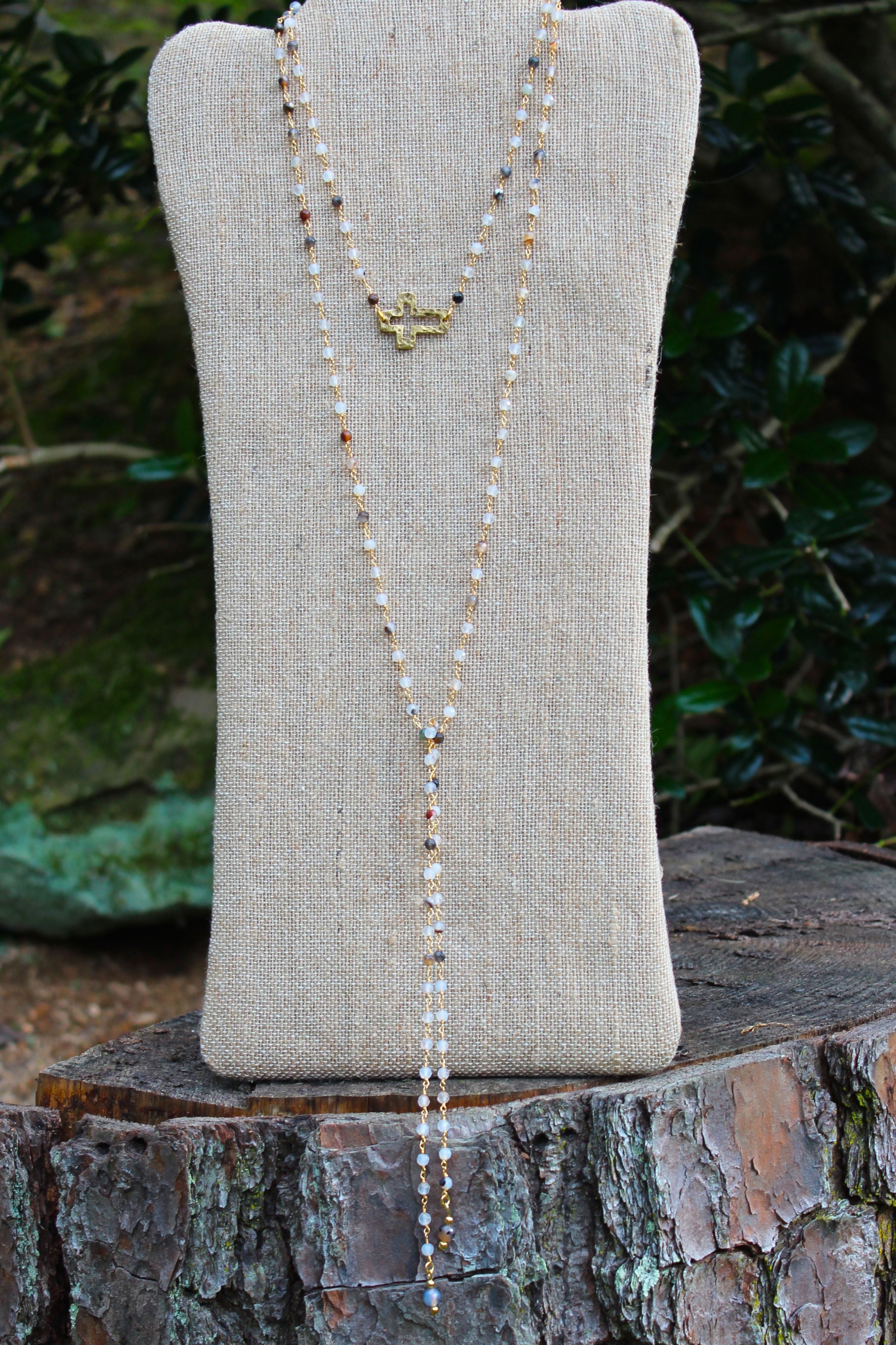 N118GB; Wrap Necklace; Goldtone Open Cross; Goldtone Black Agate Chain; Approximately 53 inches; ; ; Majestees