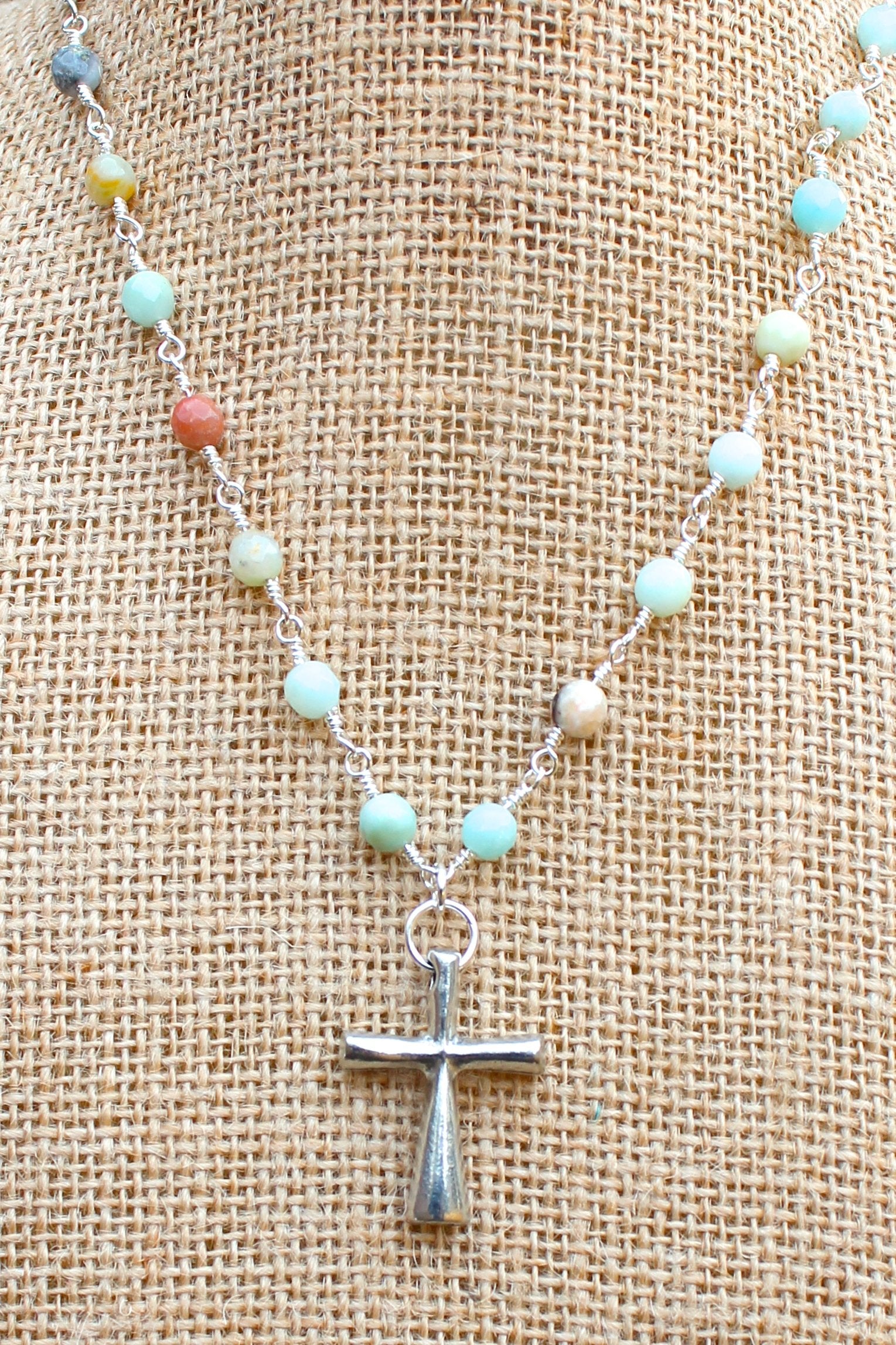 N127PA; Tubular Pewter Cross; 5mm Silvertone Amazonite Chain; Approximately 16 inches; ; ; ; Majestees