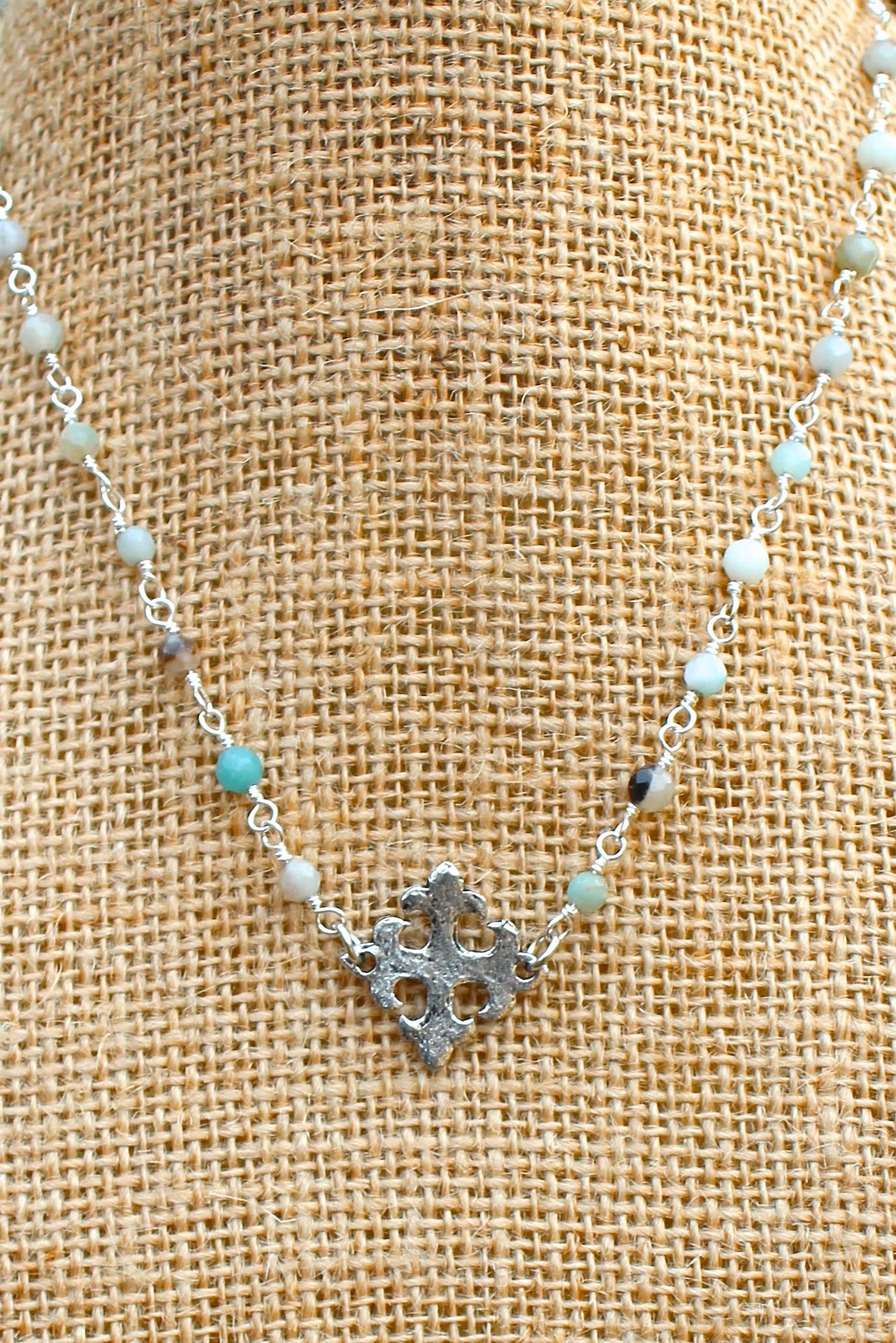 N129PA; Hammered Pewter Fleur-de-lis Cross; 3mm Silvertone Amazonite Chain; Approximately 16 inches; ; ; ; Majestees