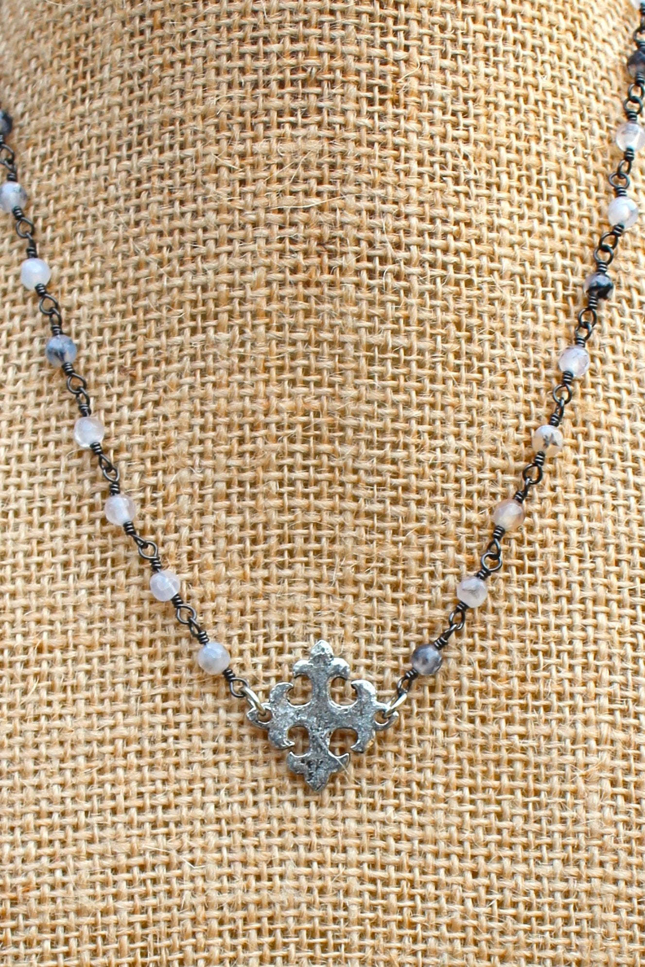N129PB; Hammered Pewter Fleur-de-lis Cross; 3mm Silvertone Black Agate Chain; Approximately 16 inches; ; ; ; Majestees