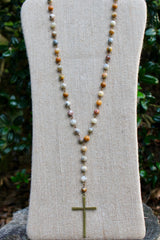 N133E; Brasstone Cross; Earthtone Picasso Jasper Chain; Appproximately 36 inches with 5 inch Drop; ; ; ; Majestees