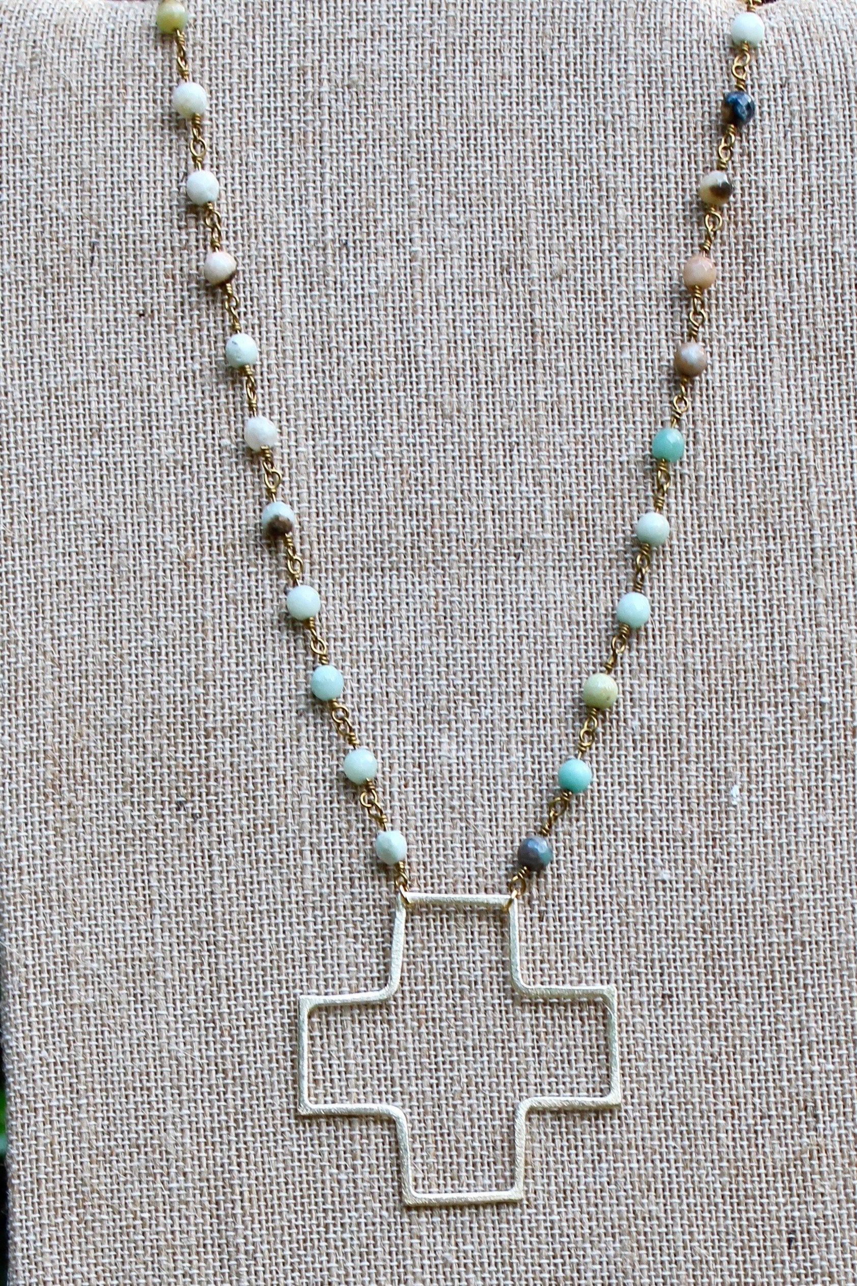 N134GA; Large Goldtone Wire Cross; 5mm Goldtone Amazonite Chain; Approximately 19 inches; ; ; ; Majestees