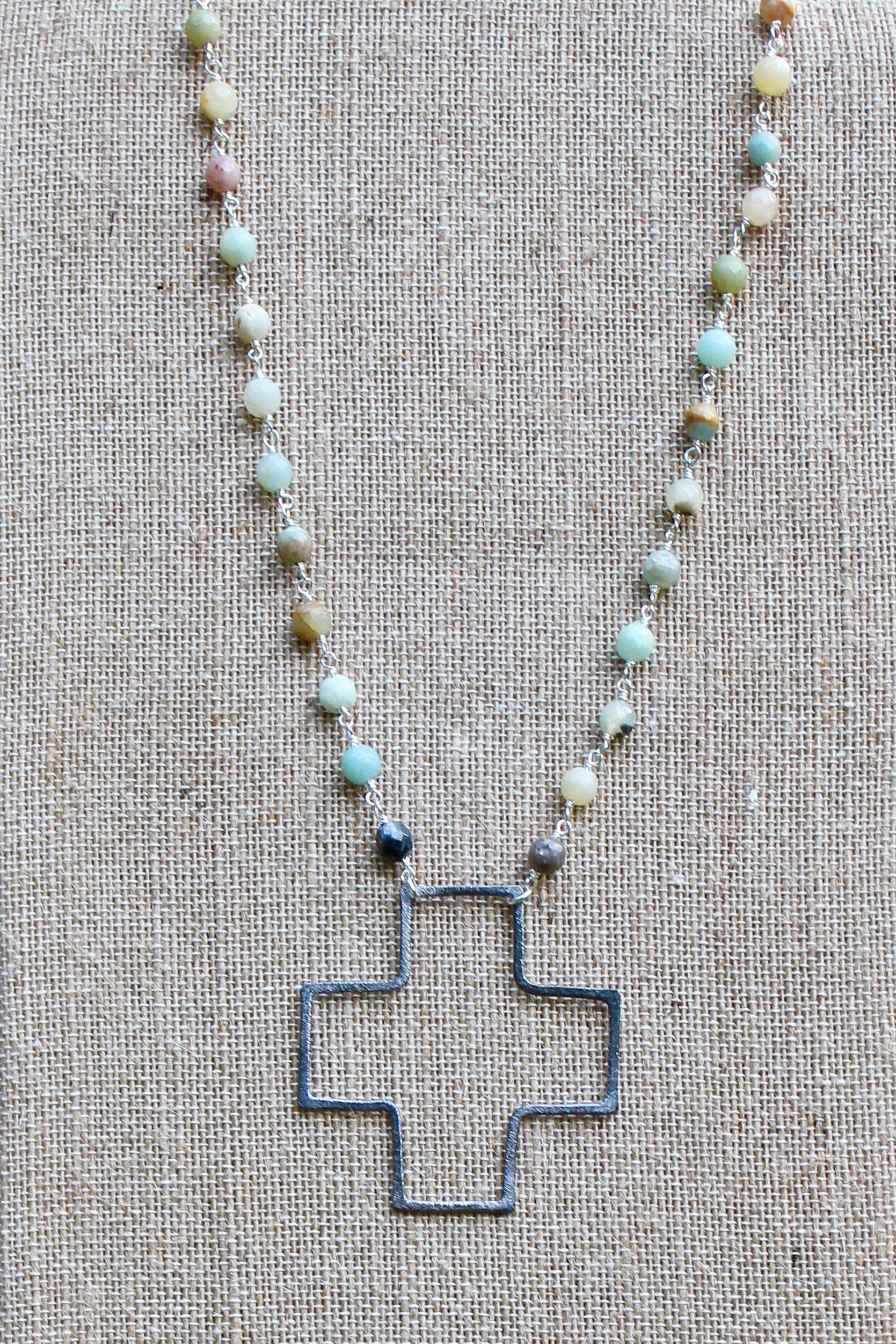 N134PA; Large Silvertone Wire Cross; 5mm Silvertone Amazonite Chain; Approximately 19 inches; ; ; ; Majestees