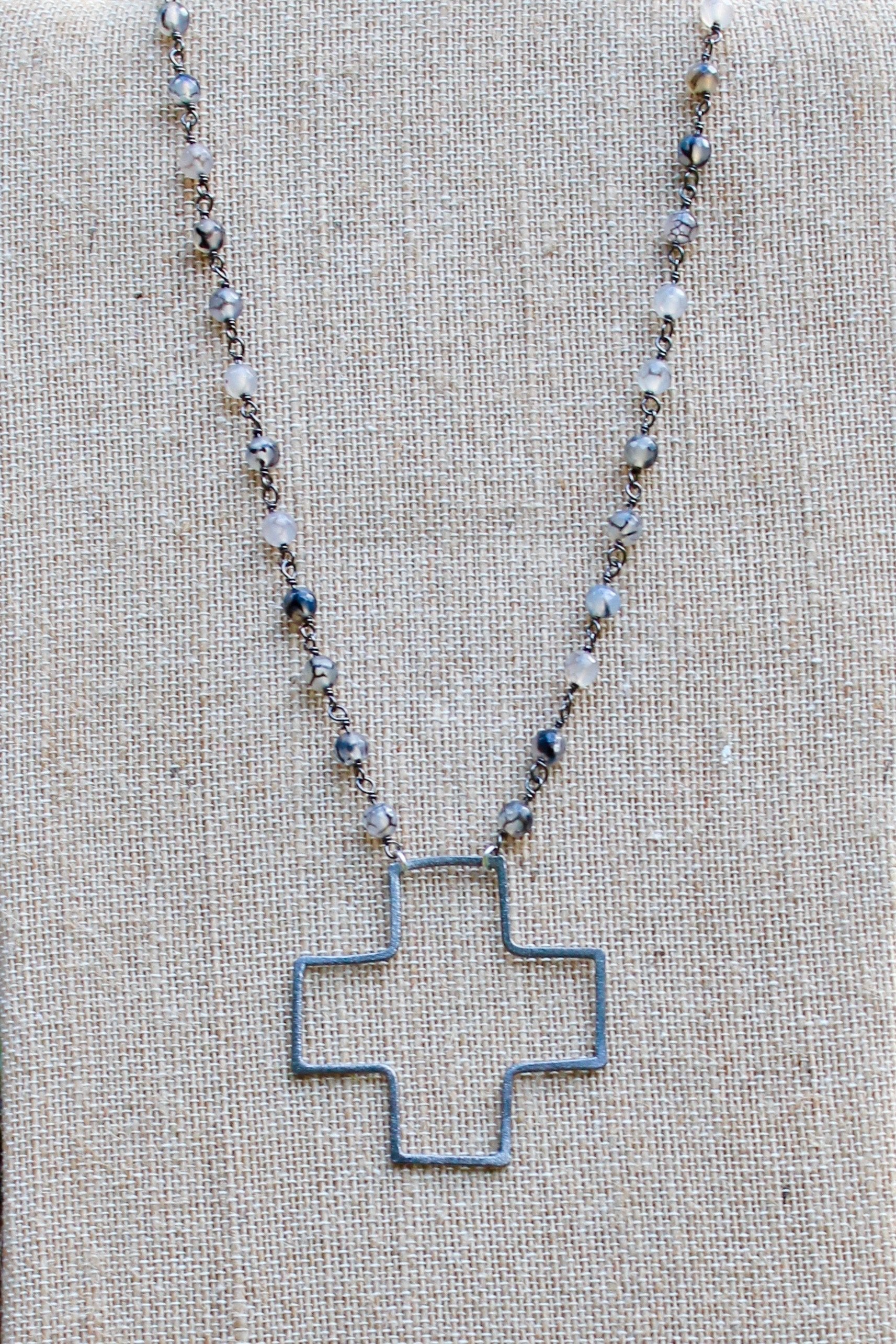 N135PB; Large Pewter Wire Cross; 5mm Silvertone Black Agate Chain; Approximately 19 inches; ; ; ; Majestees