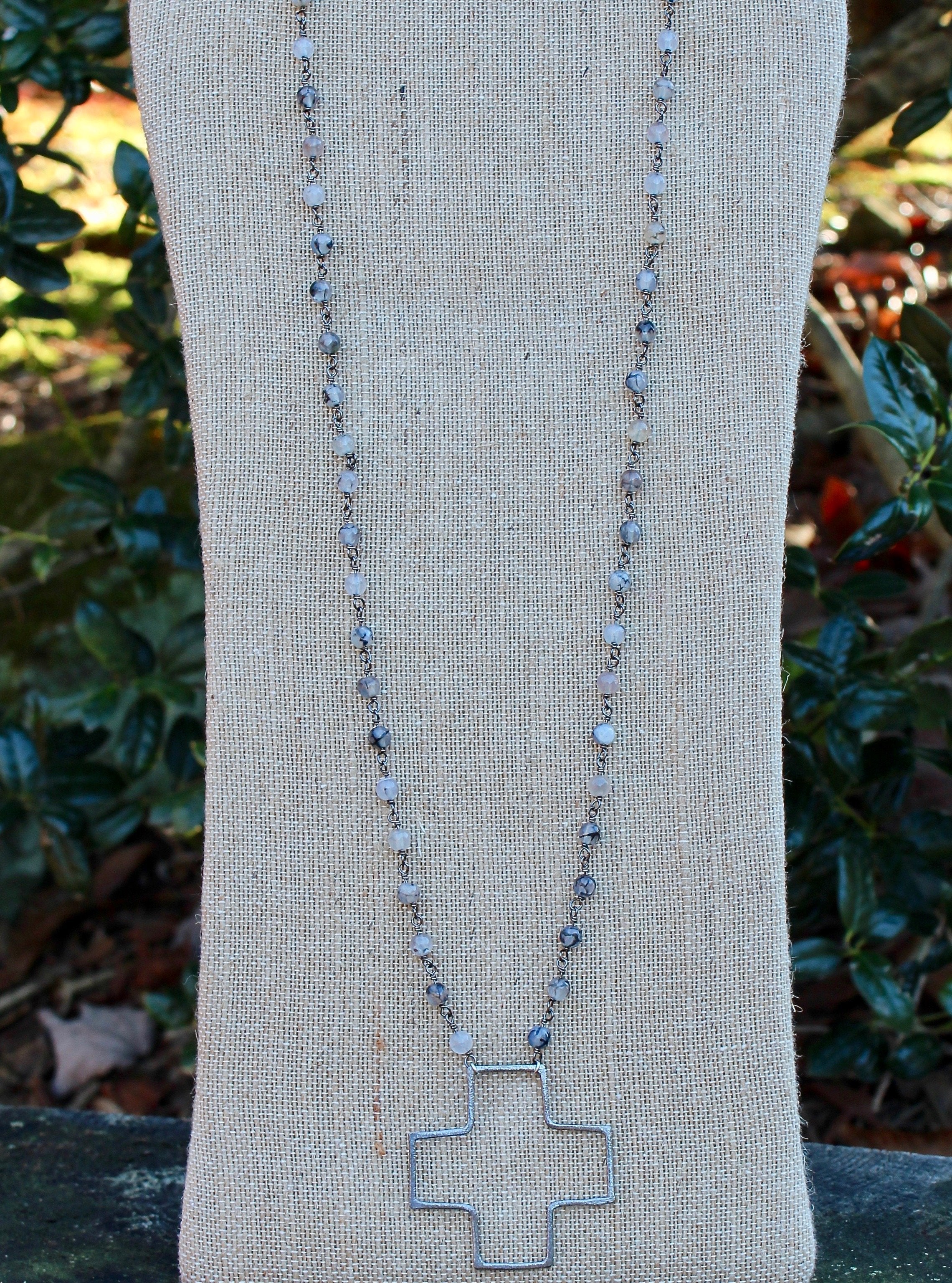 N135PB30; Large Pewter Wire Cross; 5mm Silvertone Black Agate Chain; Approximately 30 inches; ; ; ; Majestees