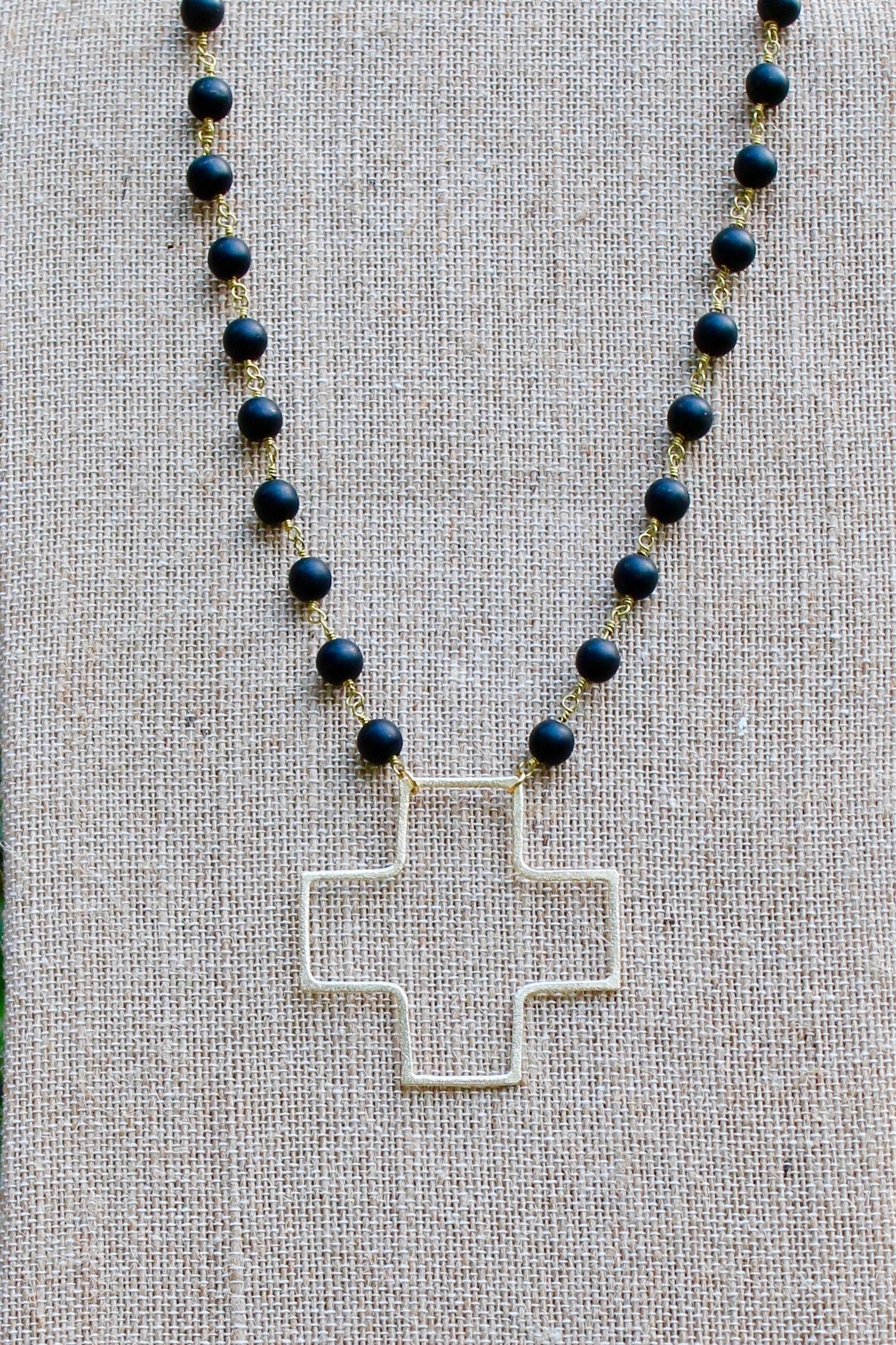 N136GB; Large Goldtone Wire Cross; 5mm Black Stone Chain; Approximately 19 inches; ; ; ; Majestees