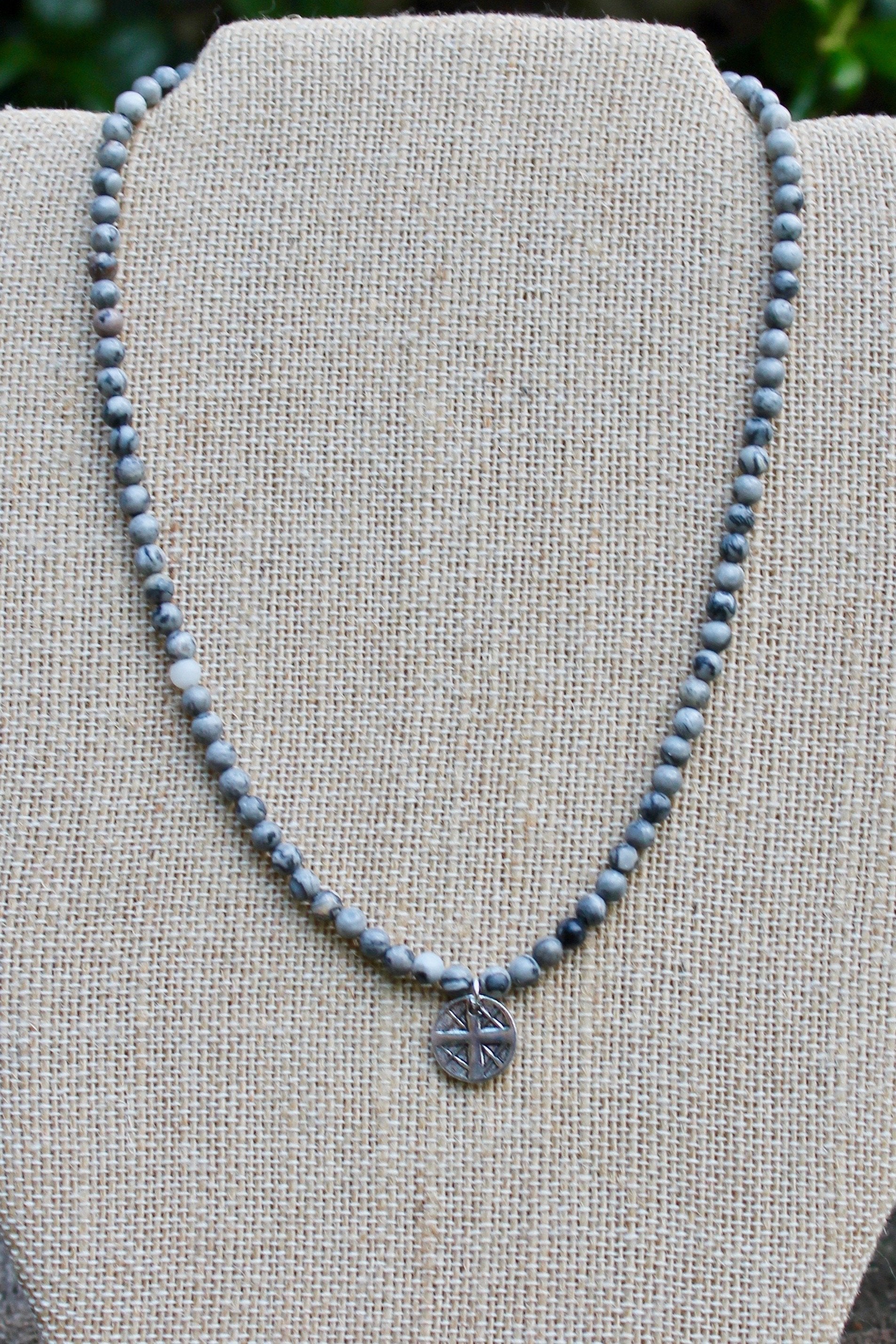 N138PG; Small Pewter Round Cross; 4mm Grey Picasso Jasper; Approximately 16 inches; ; ; ; Majestees