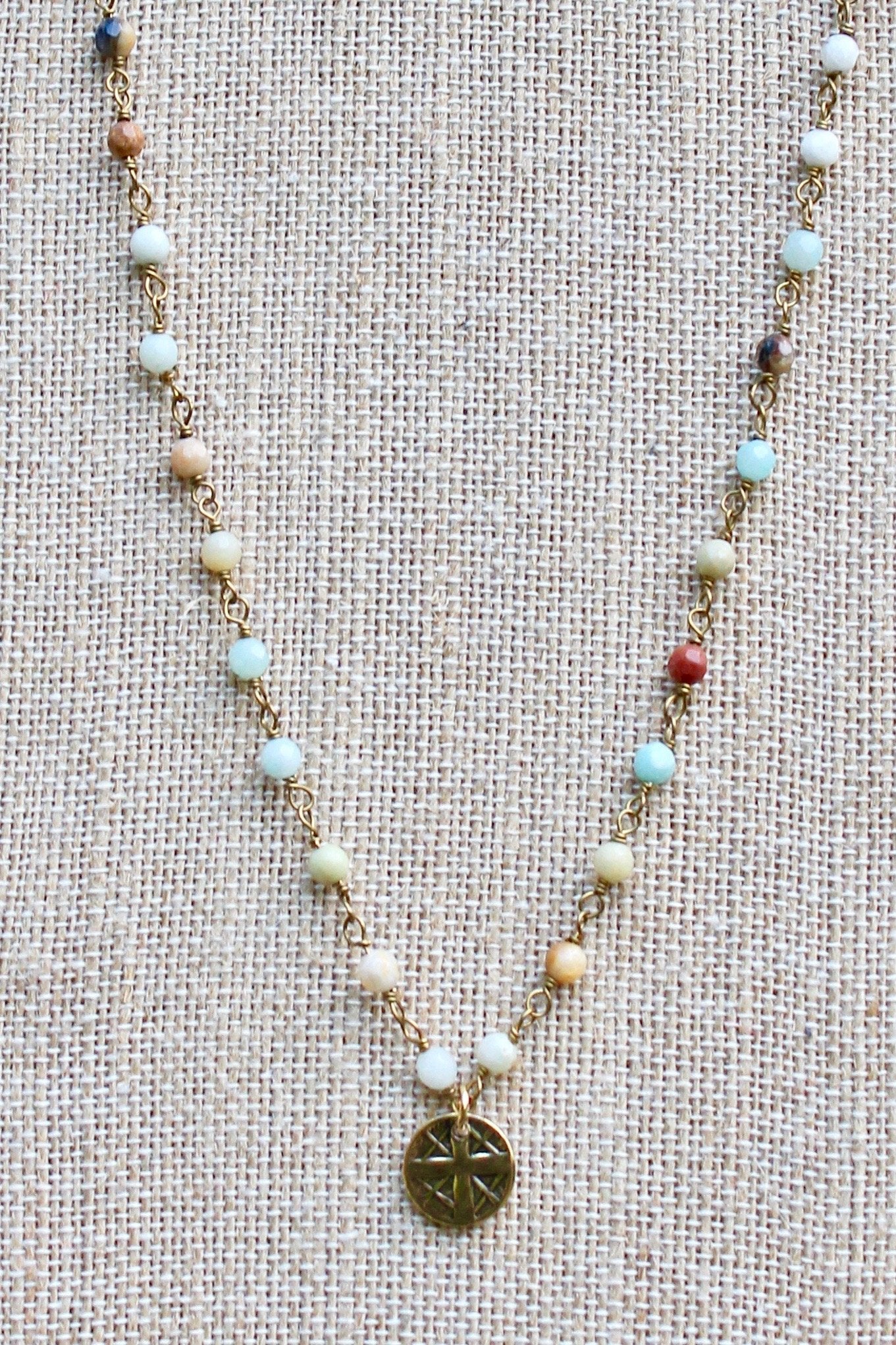 N140GA; Small Goldtone Round Cross ; 3mm Goldtone Amazonite Chain; Approximately 16 inches; ; ; ; Majestees