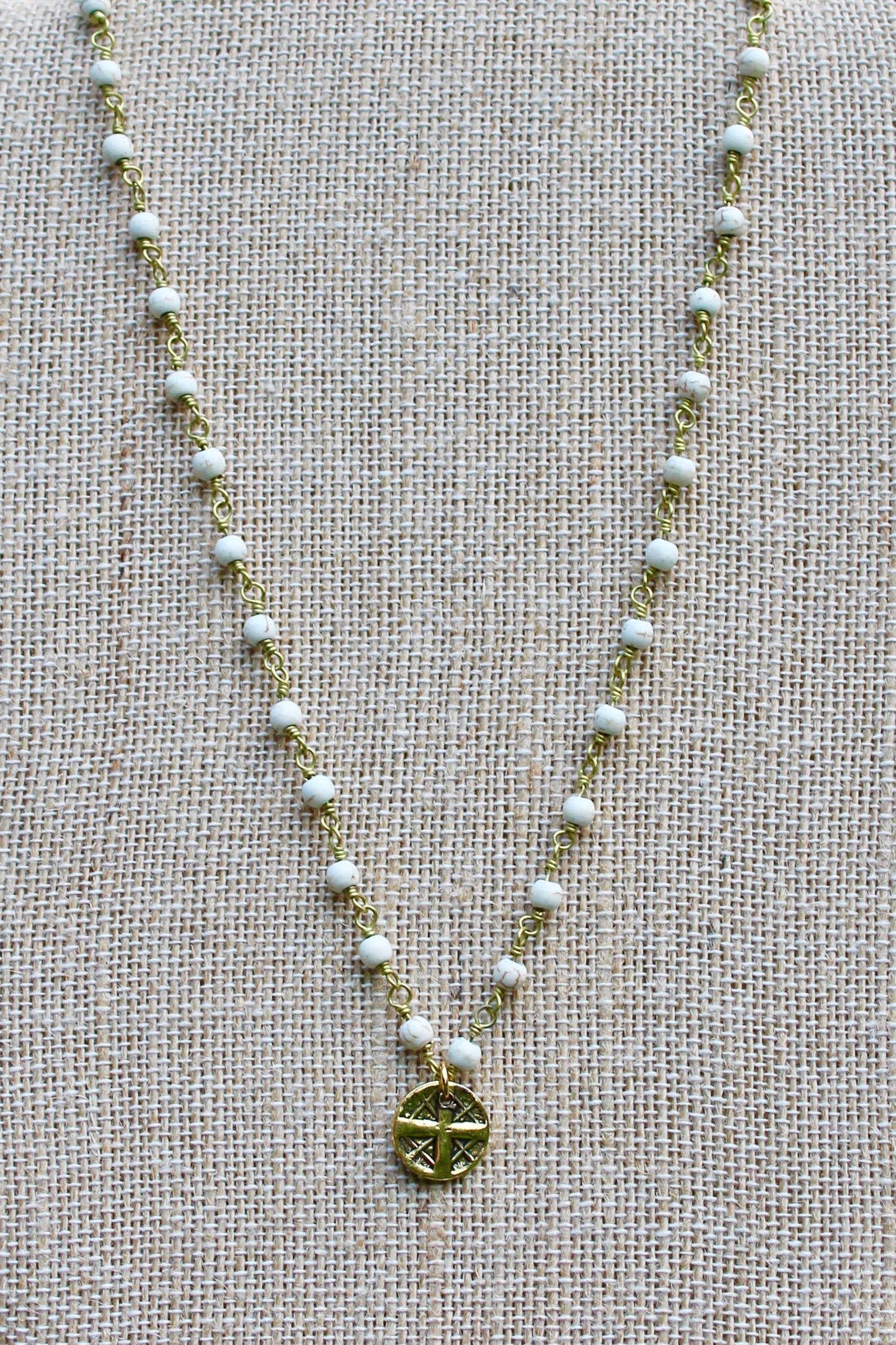 N140GW; Small Goldtone Round Cross ; 3mm Goldtone White Stone Chain; Approximately 16 inches; ; ; ; Majestees