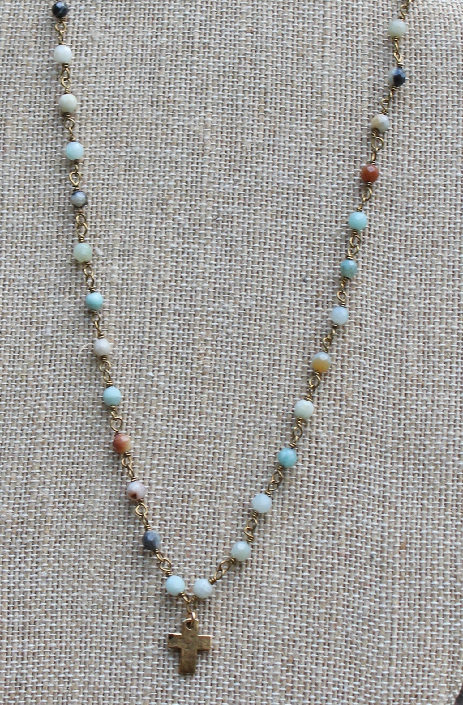 N141GA; Tiny Goldtone Cross; 3mm Goldtone Amazonite Chain; Approximately 16 inches; ; ; ; Majestees