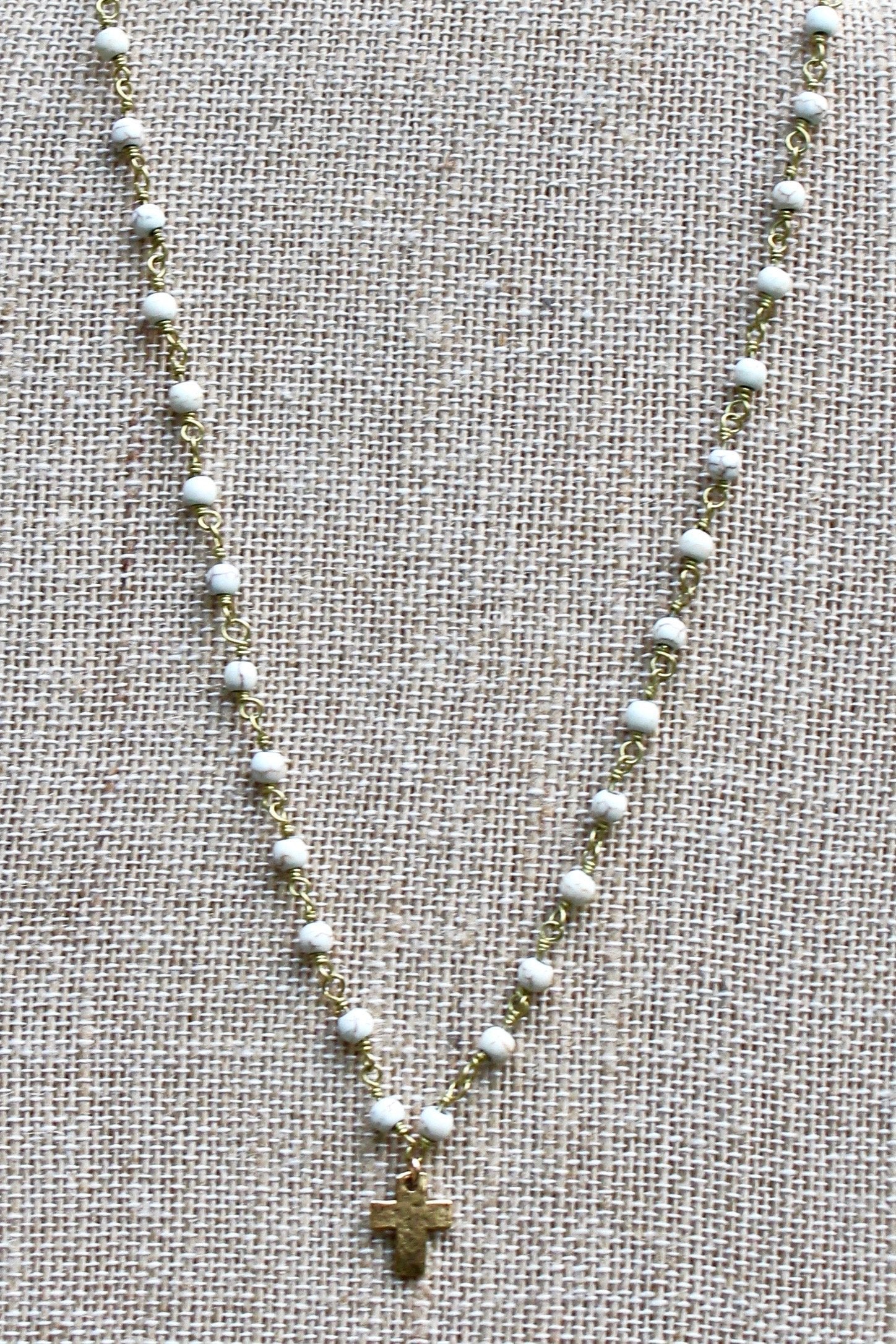 N141GW; Tiny Goldtone Cross; 3mm Goldtone White Stone Chain; Approximately 16 inches; ; ; ; Majestees