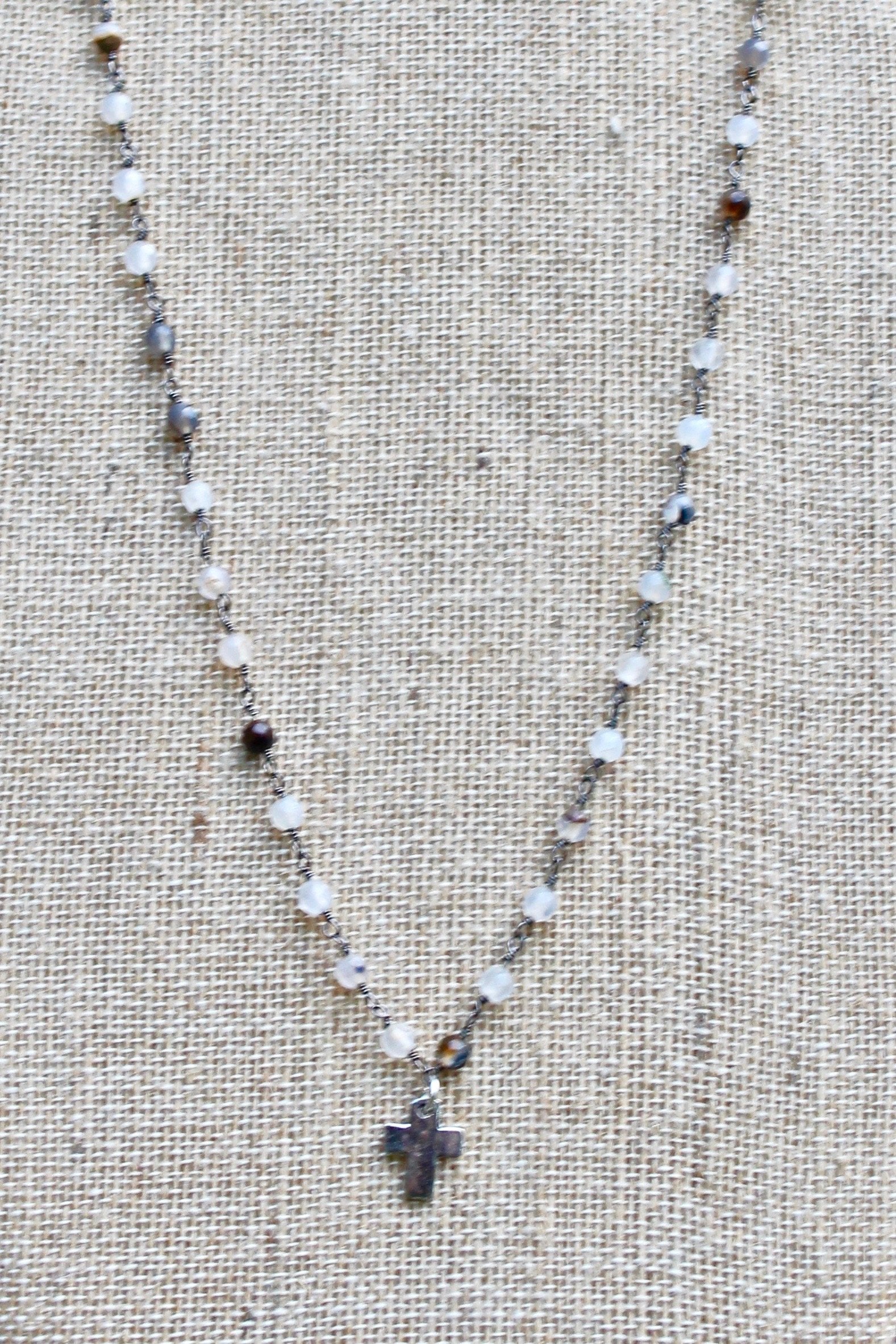 N141PB; Tiny Pewter Cross; 3mm Silvertone Black Agate Chain; Approximately 16 inches; ; ; ; Majestees