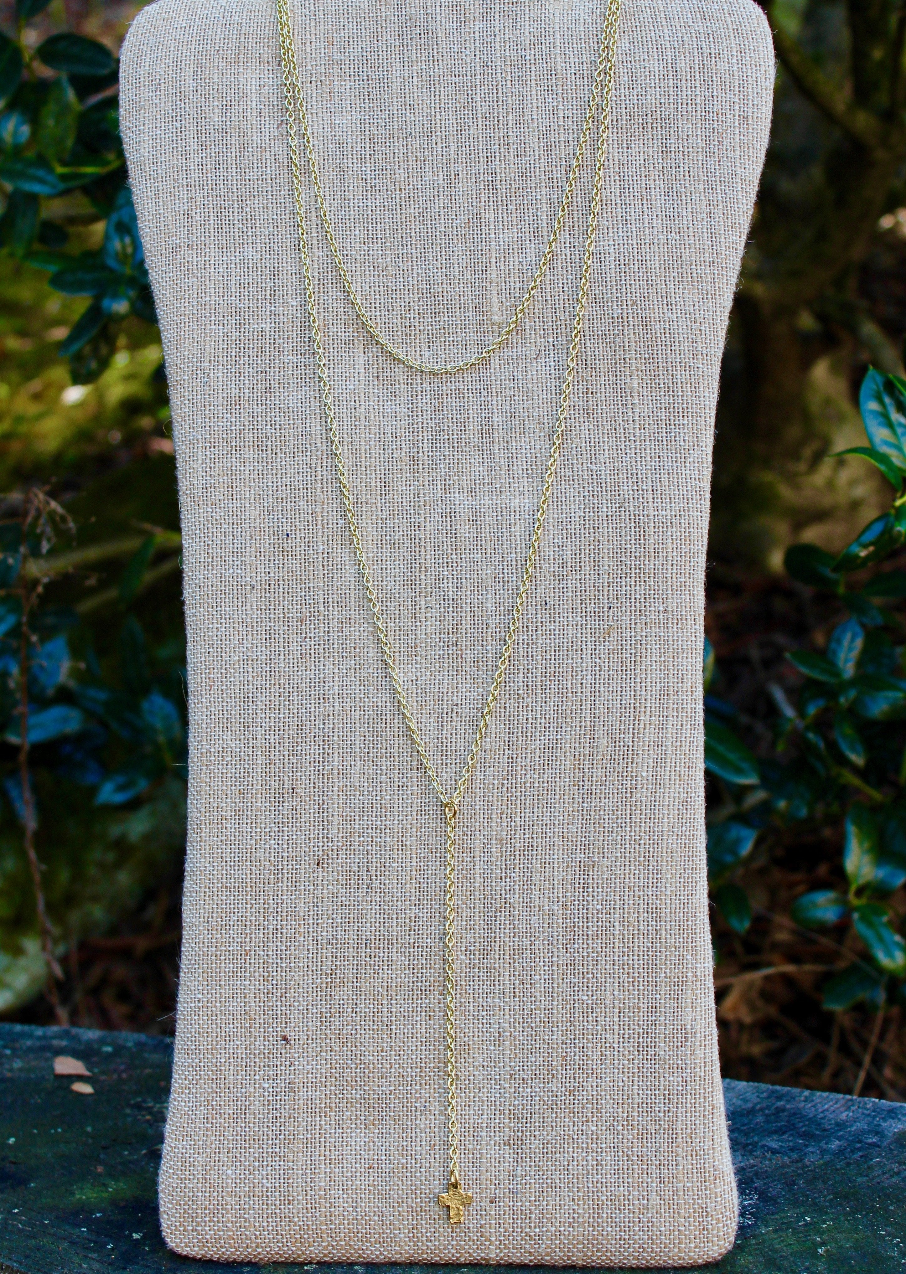 N143G; Double Strand; Goldtone Chain; Small Cross on Drop; Approximately 22" and 31" chains with 4" drop; ; ; Majestees