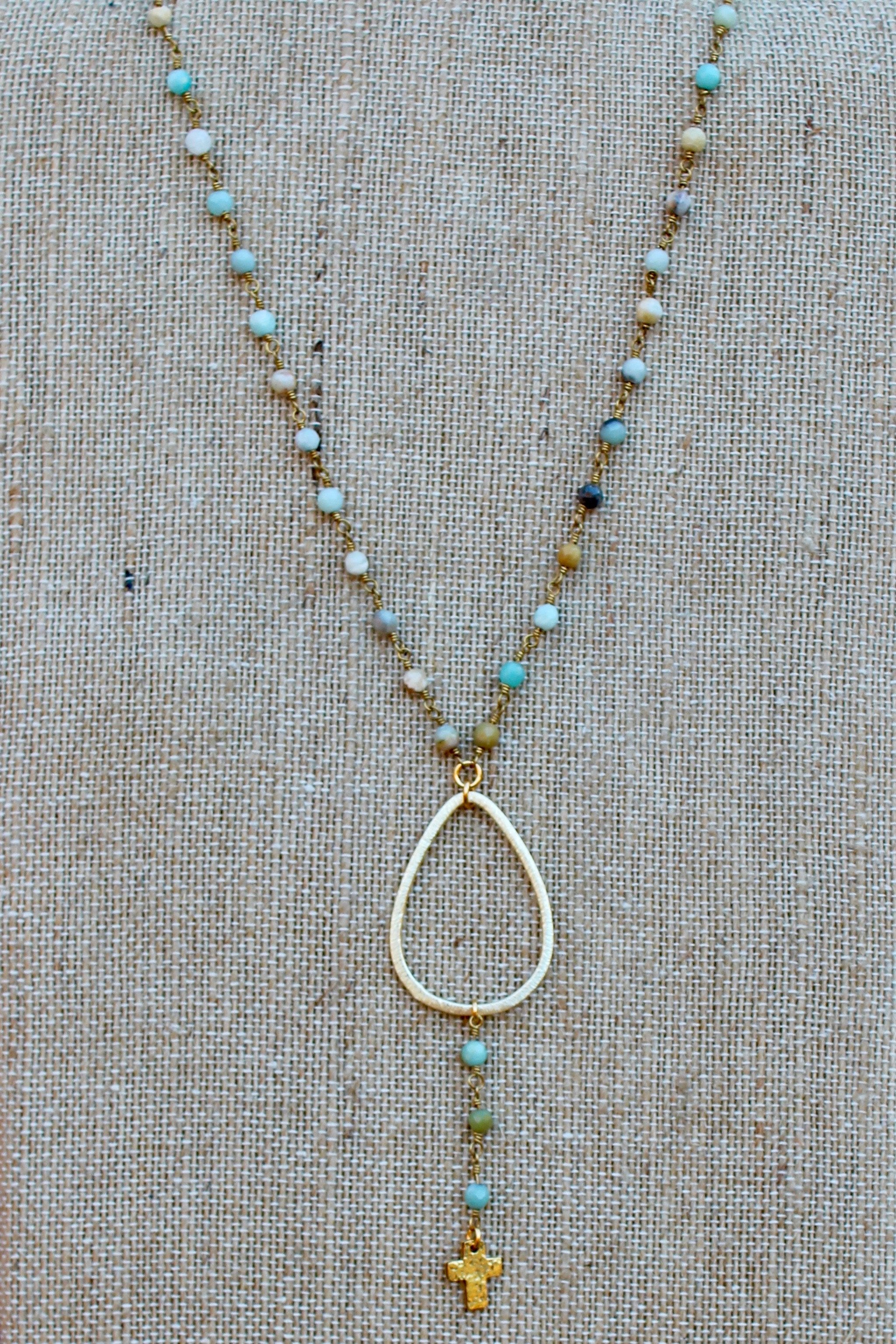 N145GA; Goldtone Teardrop; Tiny Cross on Drop; Goldtone Amazonite Chain; Approximately 17 inches; ; ; Majestees