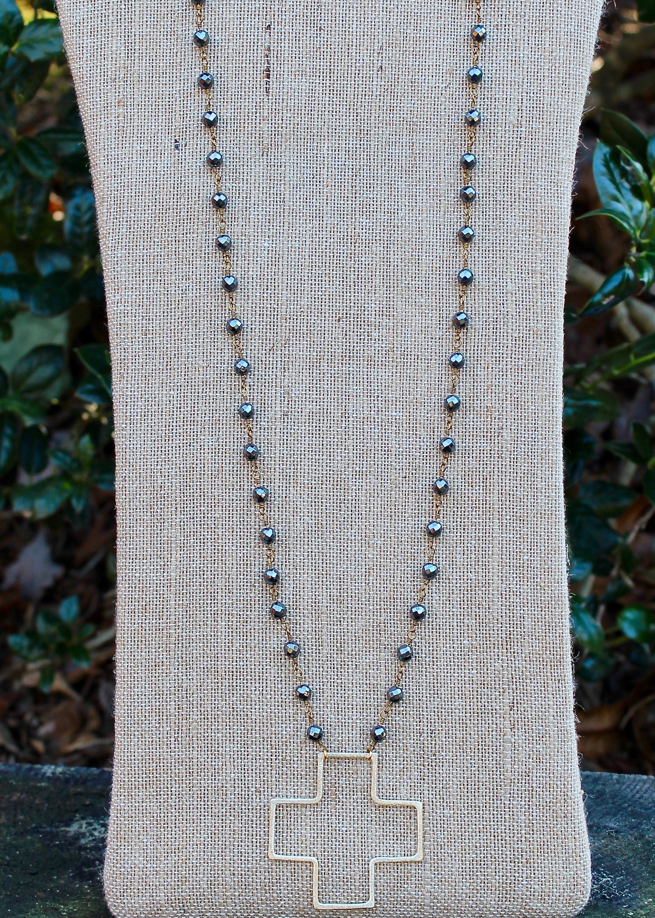 N146GH30; Large Goldtone Wire Cross; 5mm Goldtone Hematite Chain; Approximately 30 inches; ; ; ; Majestees