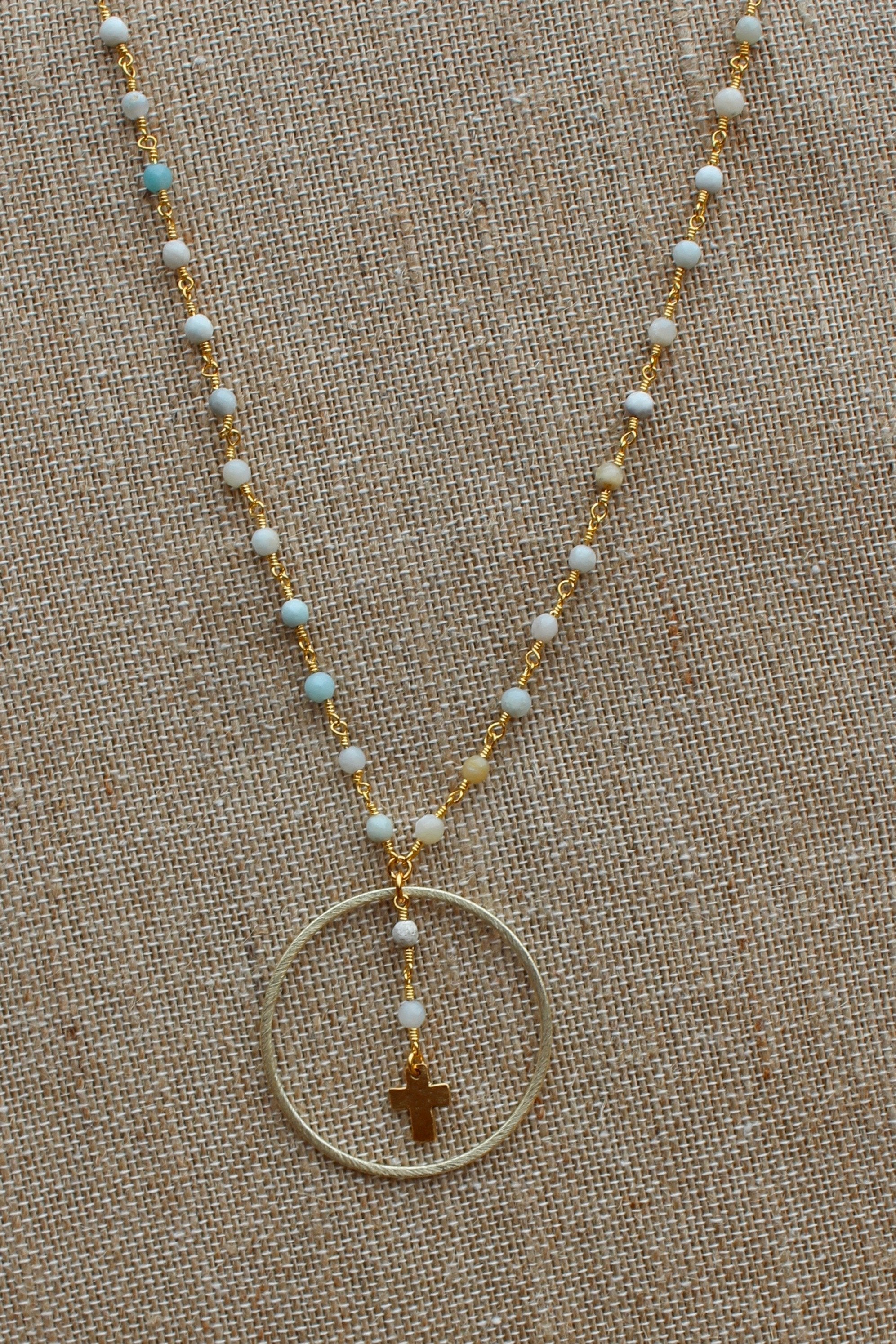 N148GA; Goldtone Circle and Cross; Amazonite Chain; Approximately 17 inches; 2 inch extender included; ; ; Majestees