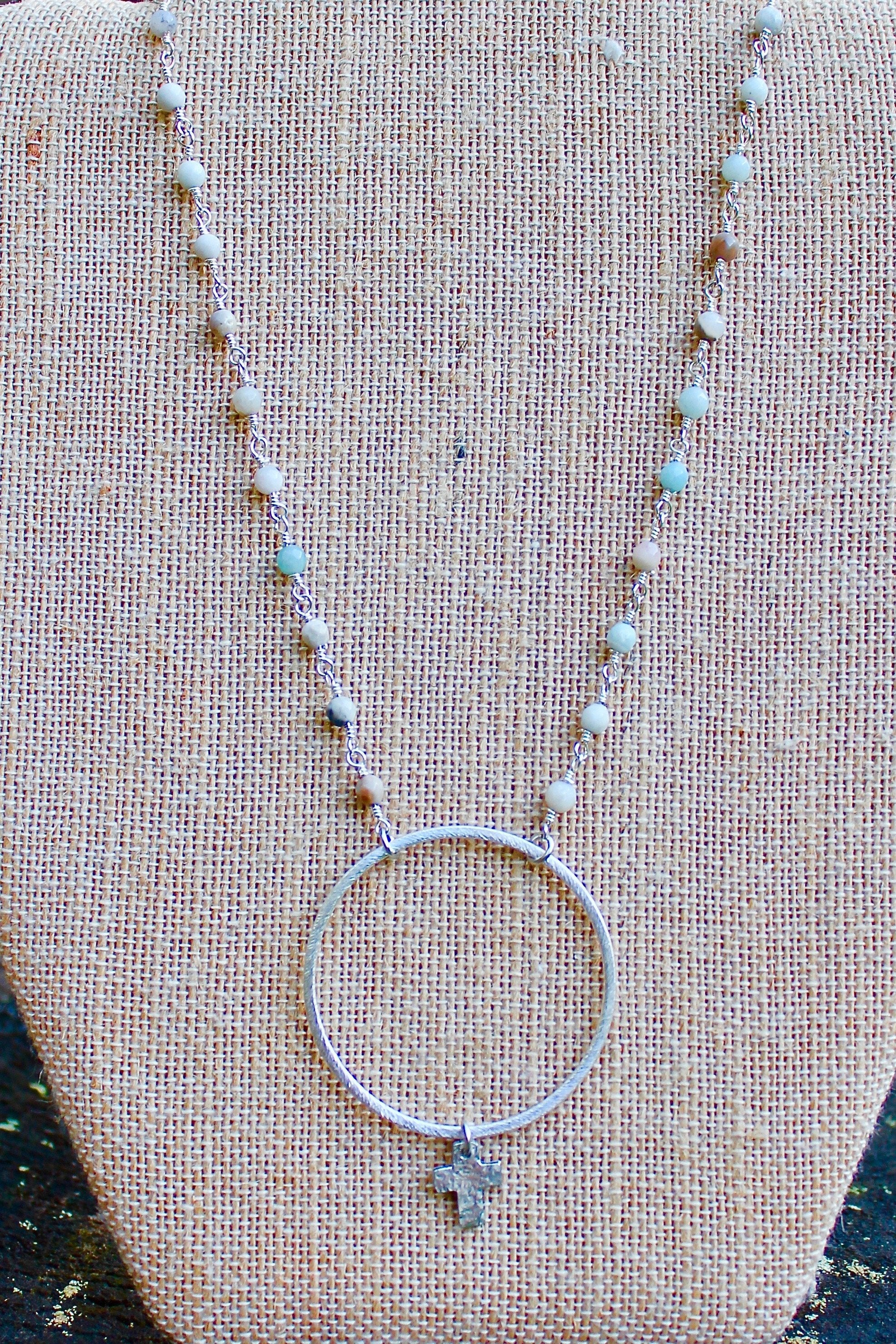 N149SS; Silvertone Amazonite Chain; Large Circle; Tiny Silvertone Cross; Approximately 17 inches; ; ; Majestees