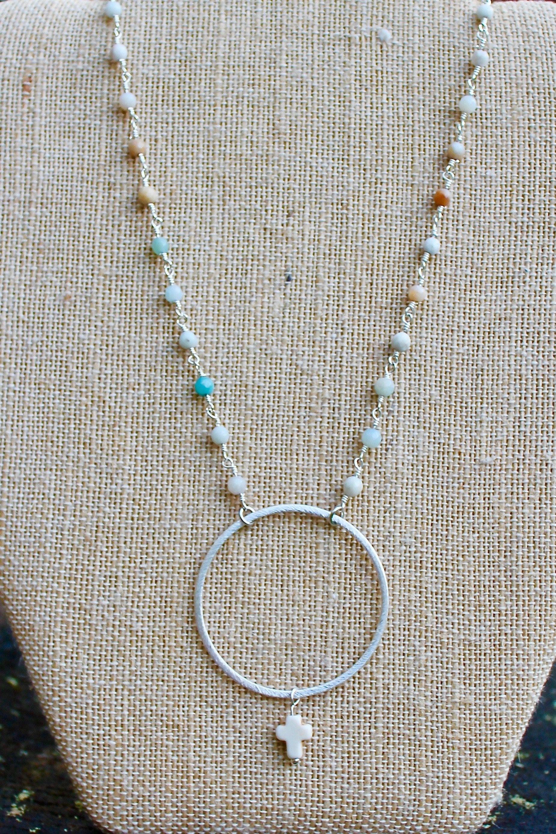 N149SW; Silvertone Amazonite Chain; Large Circle; Tiny White Stone Cross; Approximately 17 inches; ; ; Majestees
