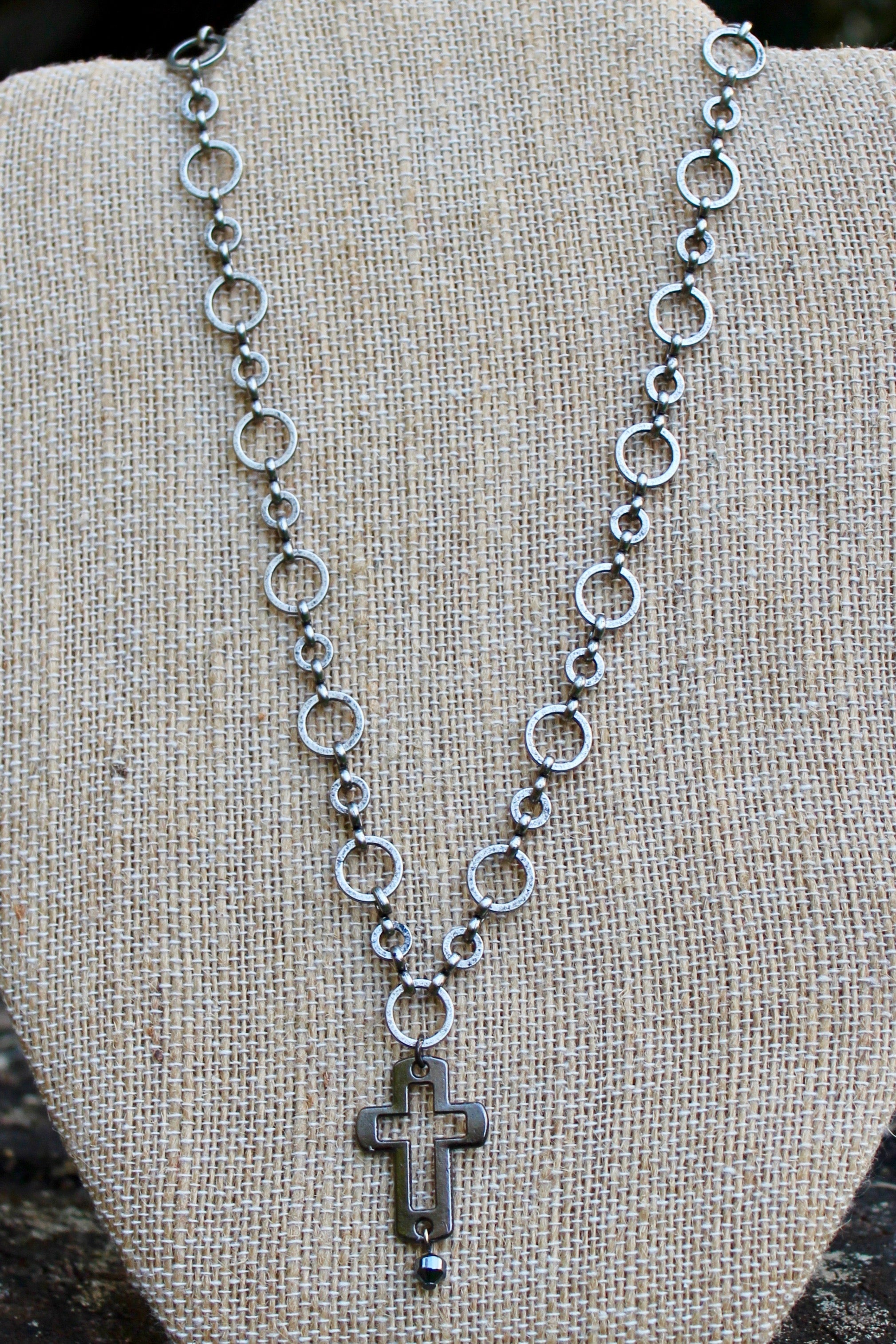N151; Gunmetal Cross; Hematite Drop Bead; Circle Chain; Approximately 17 inches; ; ; Majestees