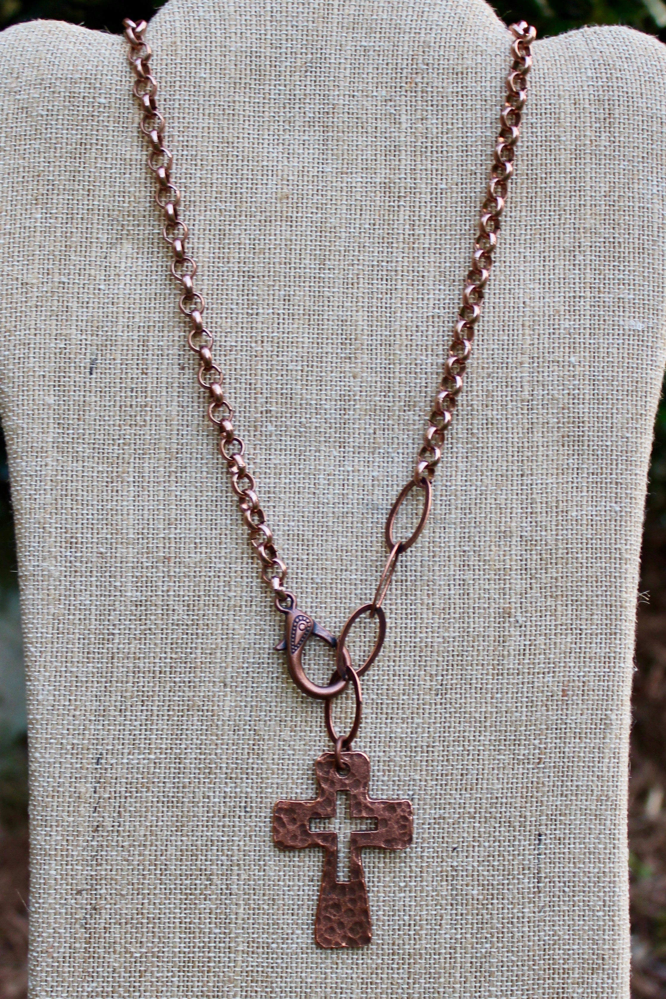 N153; Large Open Copper Cross; Rolo Chain; Front Clasp; Approximately 18 inches; ; ; Majestees