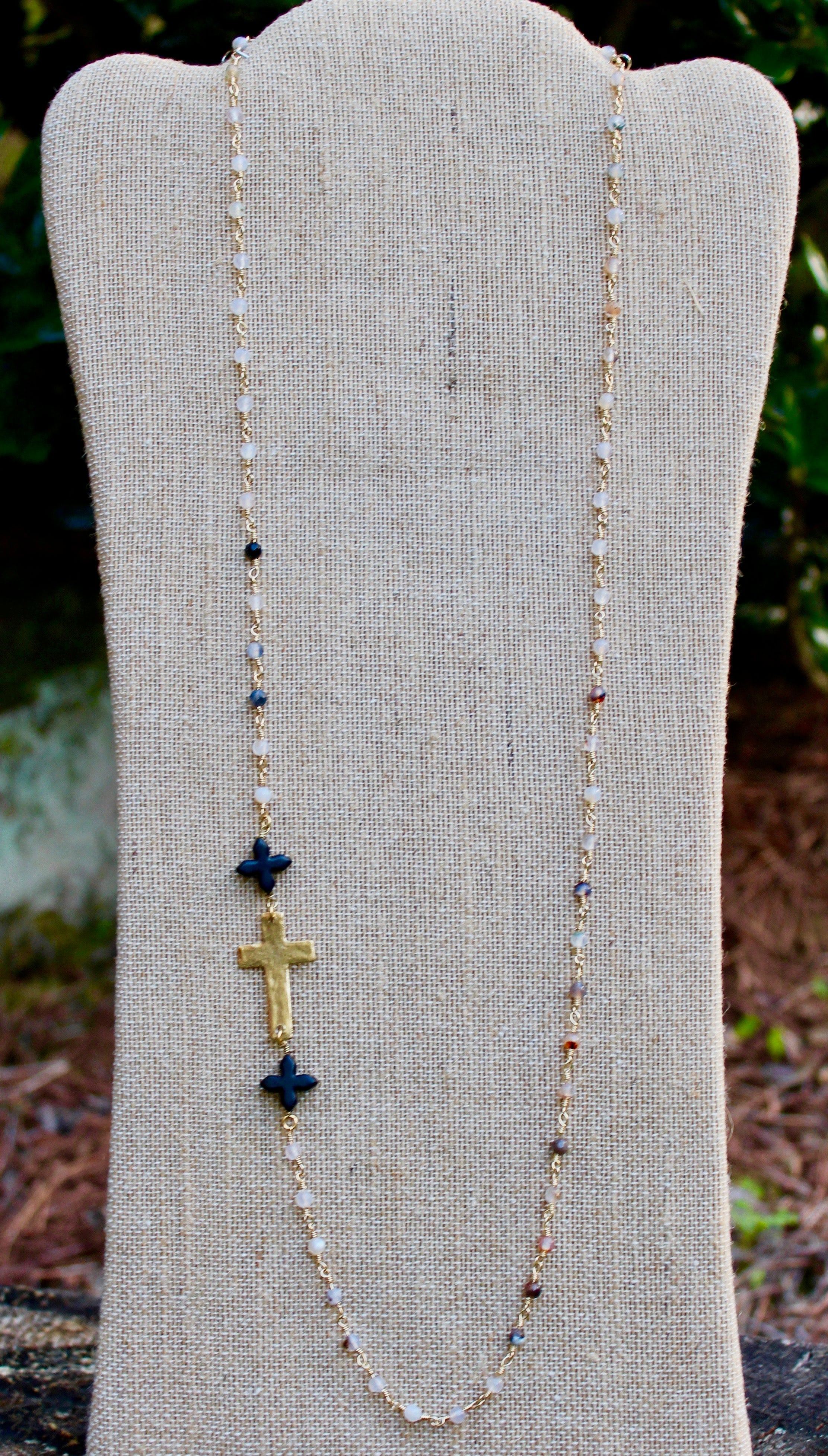 N156GB; Gold Cross; Black Stone Crosses; Gold Black Agate Chain; Approximately 32 inches; ; ; Majestees